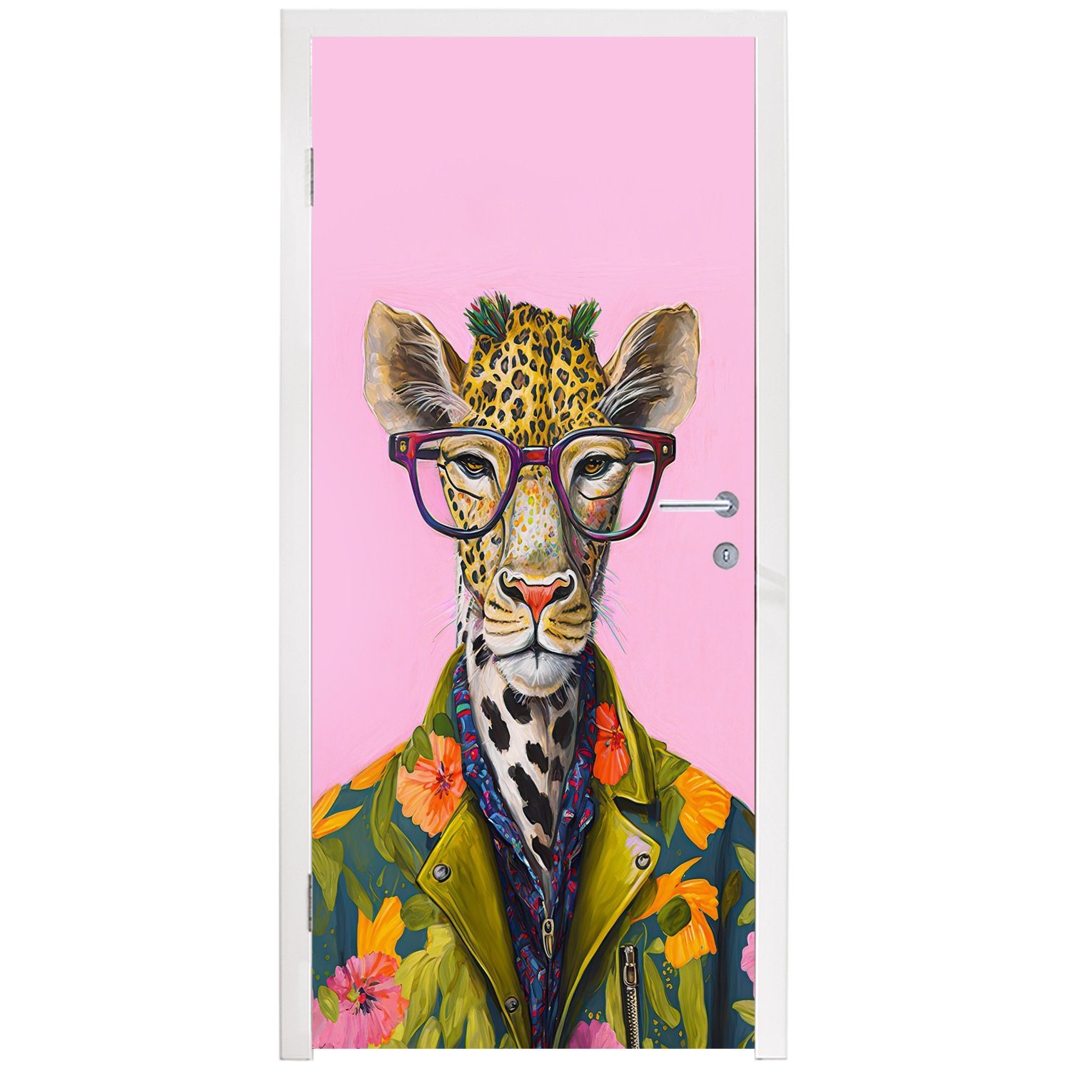 MuchoWow Fototapete St), Türaufkleber, (1 Türtapete 75x205 Giraffe - - - Tür, Blumen, Brille Tiere bedruckt, Matt, cm für