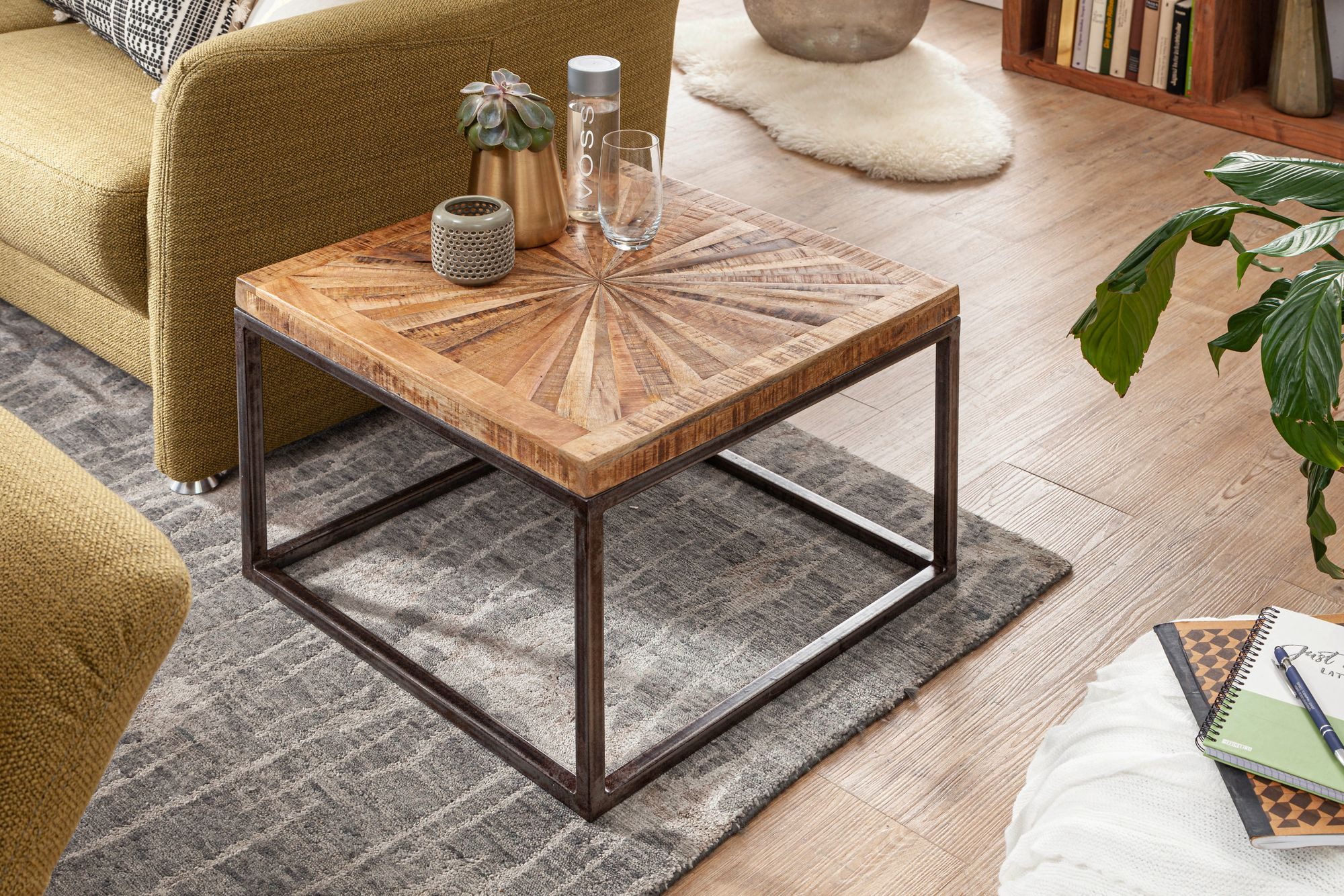 FINEBUY Couchtisch FB54908 Massivholz quadratisch 55cm Wohnzimmertisch Industrial (Mango Massivholz 55x40x55 cm Tisch Metallgestell), Wohnzimmertisch Quadratisch, Kaffeetisch Modern