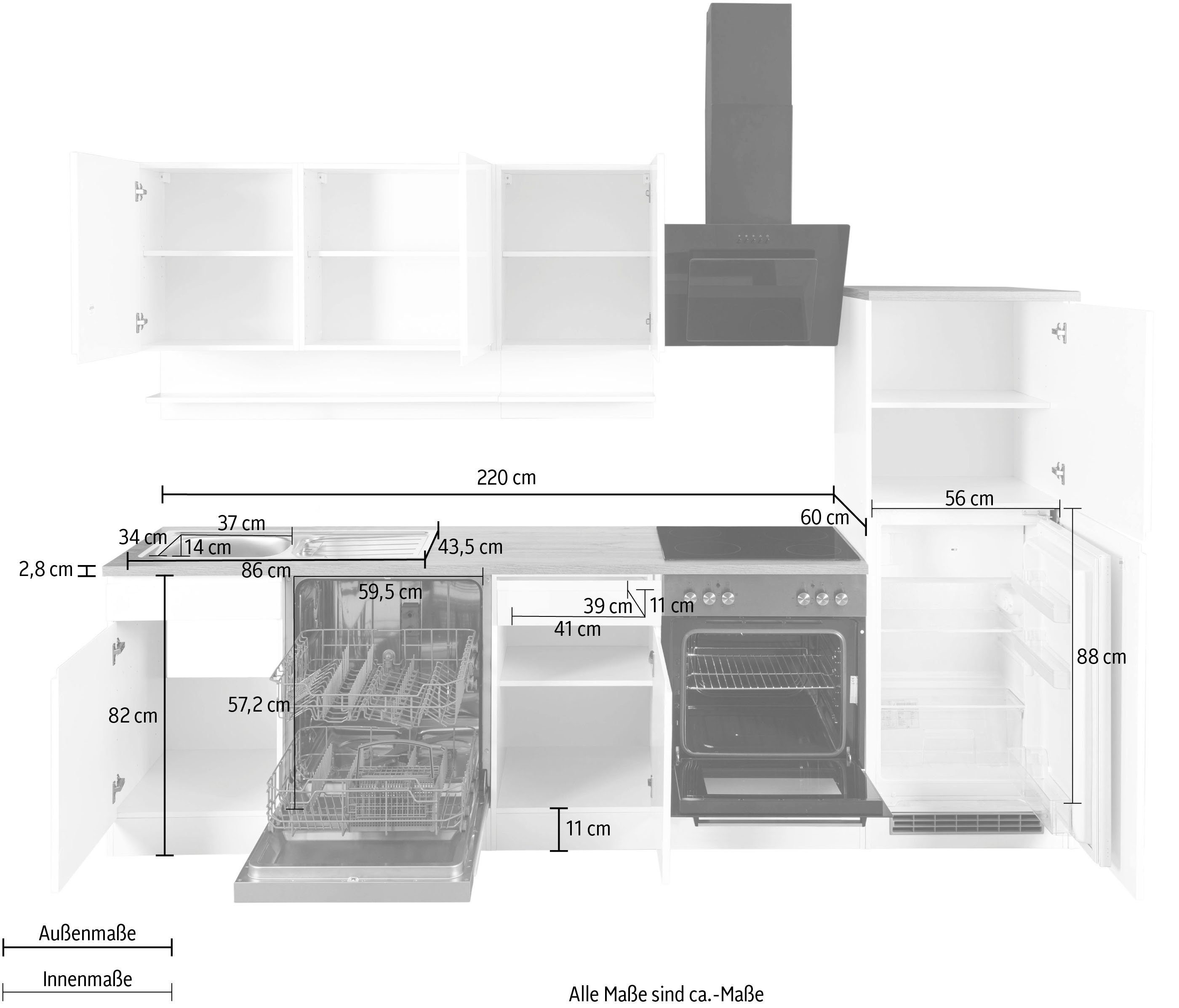 Küche grau 280 | cm, E-Geräten | Breite Hochglanz/grafit-eiche Hochglanz graphit wahlweise HELD grau Virginia, mit sonoma MÖBEL