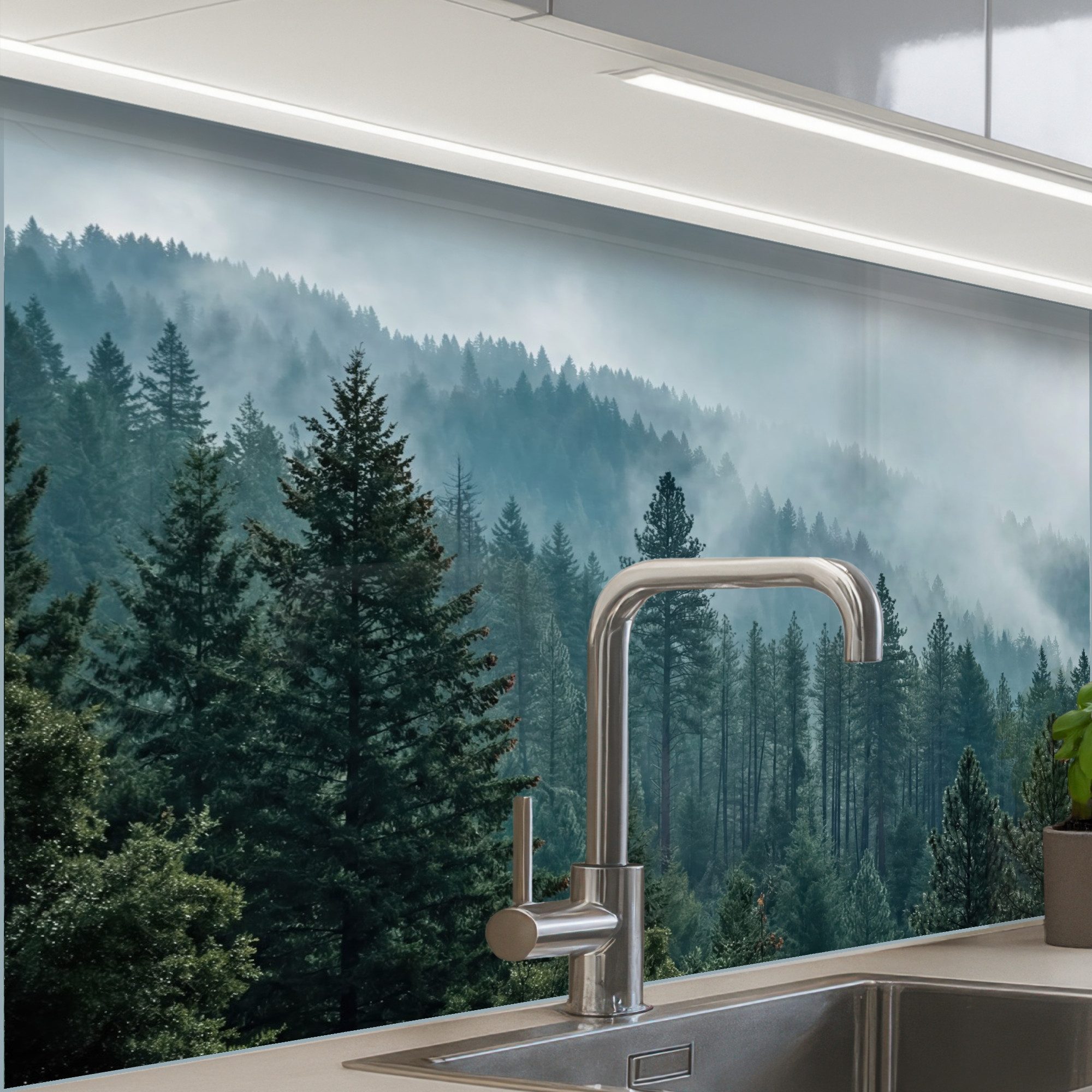 KitchenYeah Küchenrückwand Muster selbstklebend (keine Folie) Naaldwoud - Bergen - Nebel, (1-tlg), Spritzschutz, Küche, Rückwand, Küchenwand, Küchenfront, 30x20 cm