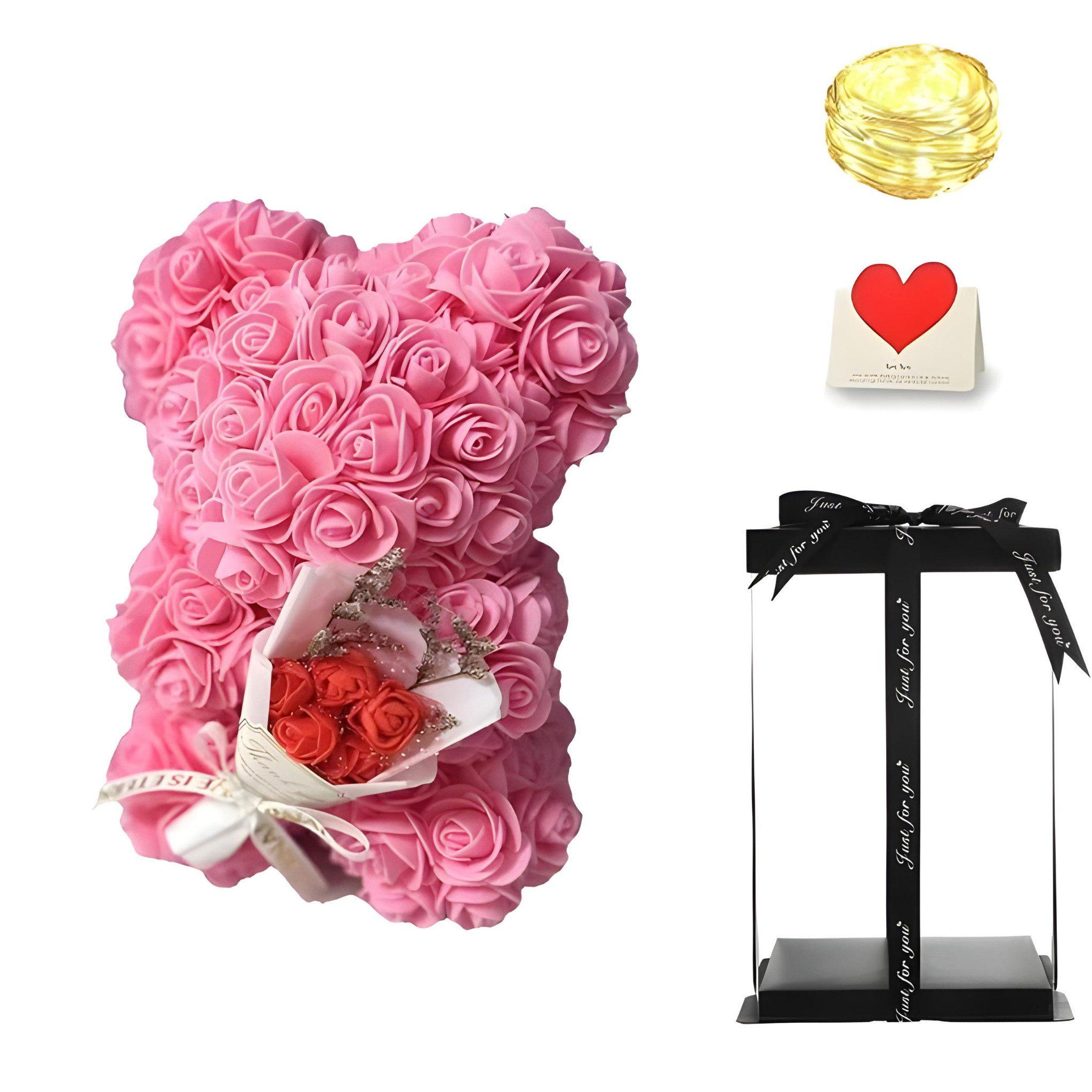 Kunstblume Rosenbär inkl. Geschenkbox & Lichterkette günstig online kaufen