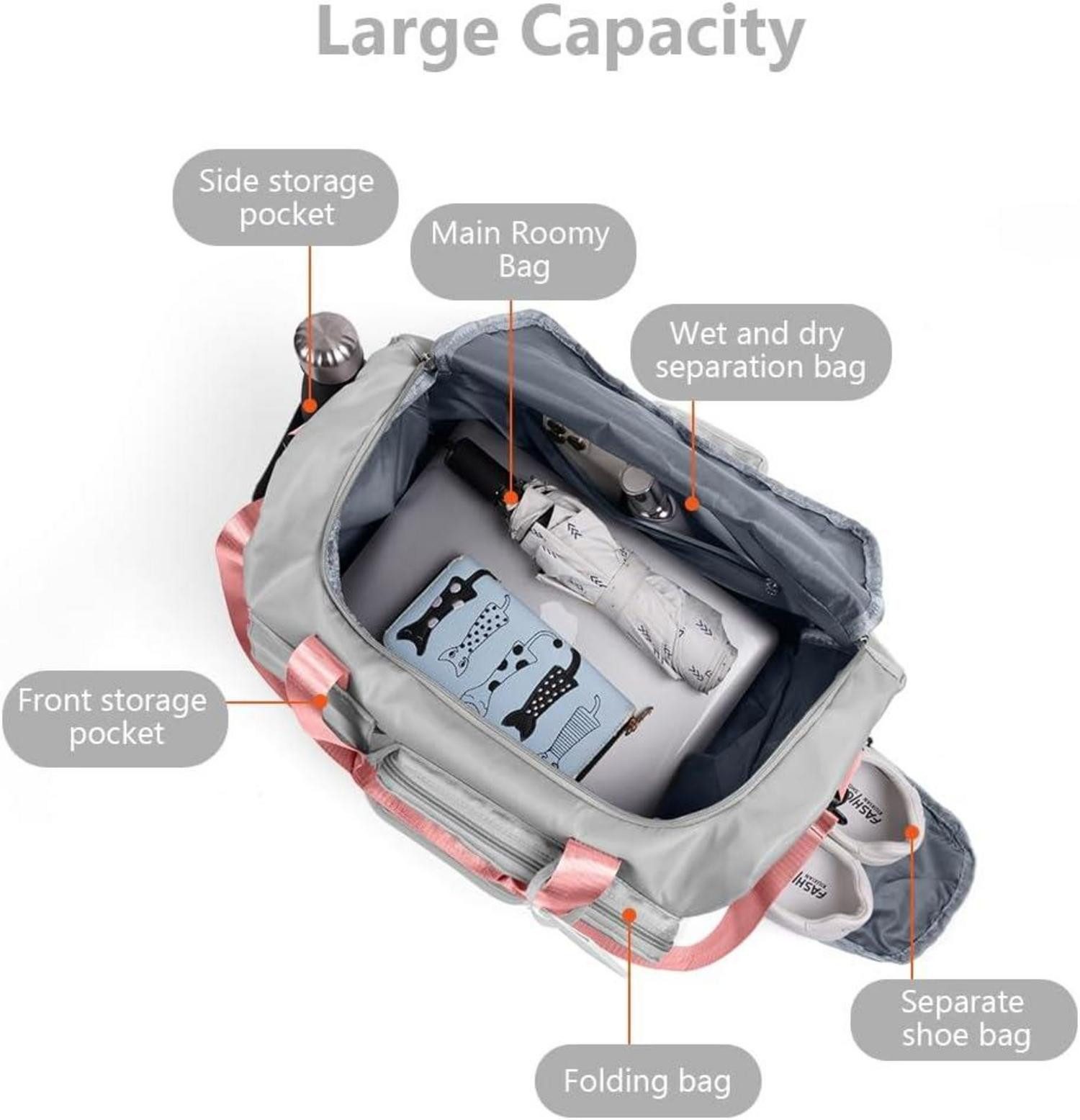 LuxusKollektion Weekender 36L Faltbare Reisetasche Große Weekender Wasserdicht Grau Rosa