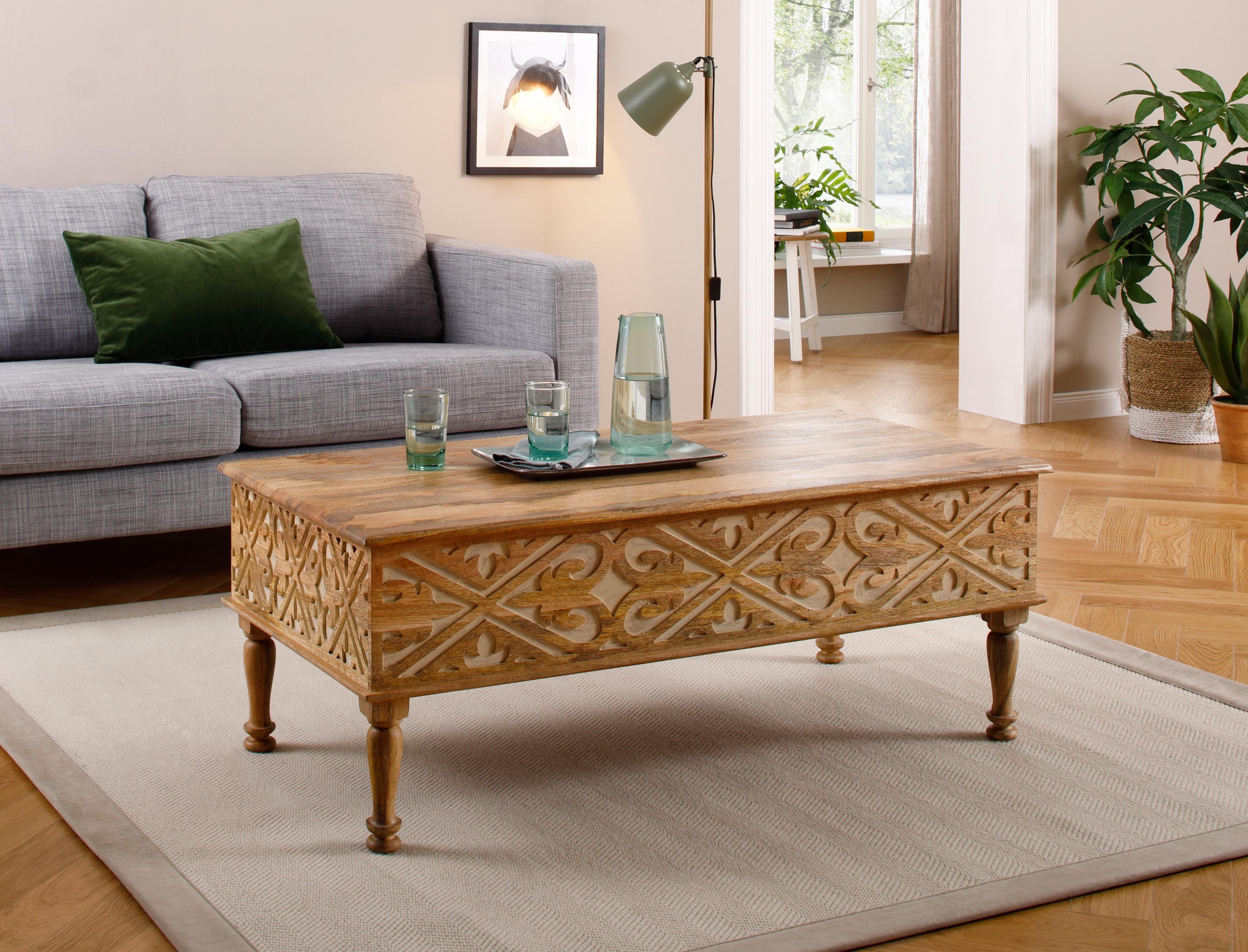 Home affaire Couchtisch Spring, aus massivem Mangoholz mit detailreichen Schnitzereien, Breite 120 cm