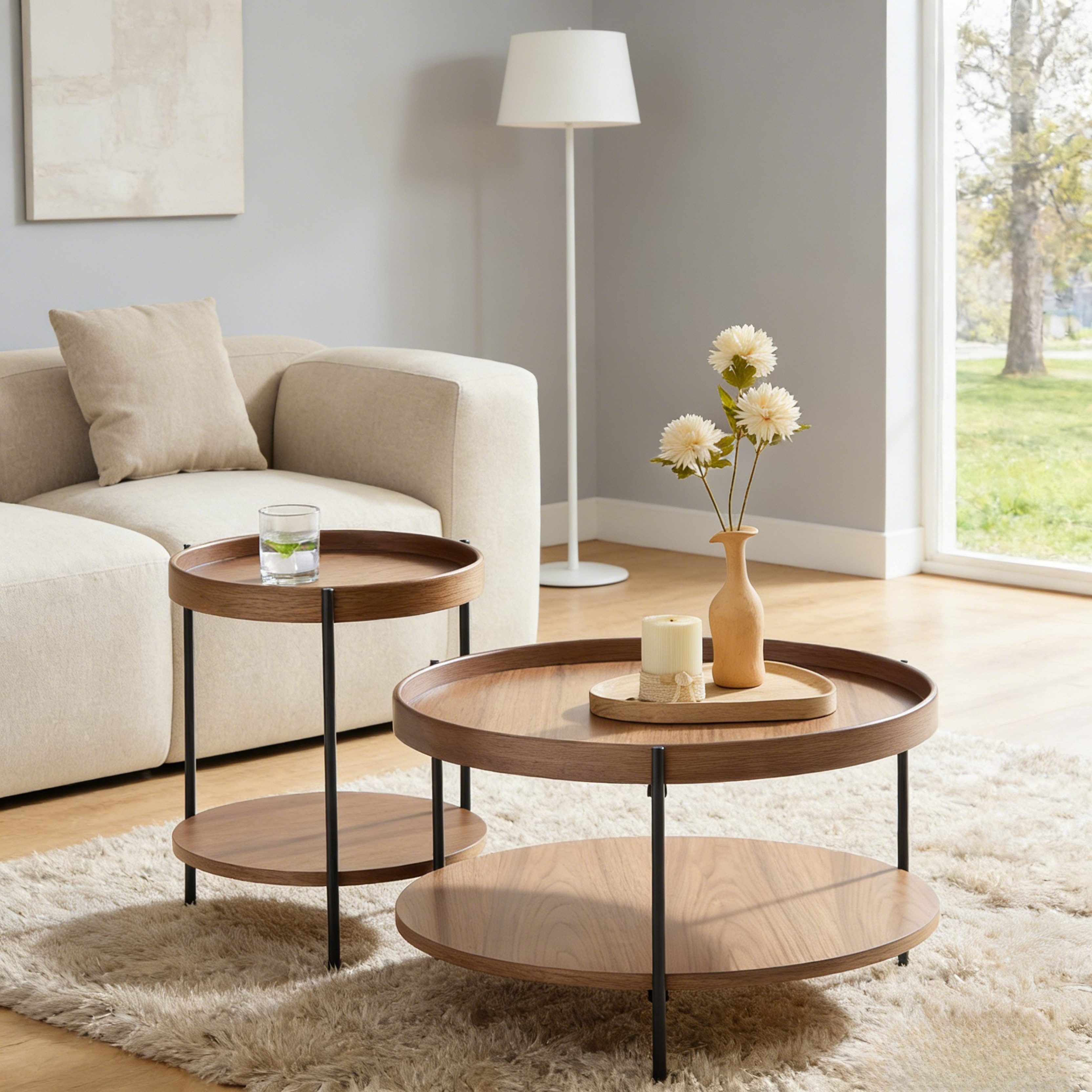WILLIAMSPACE Couchtisch Meta Runder Couchtisch 2 Ebenen, MDF Echtholzfurnier & Echtholzrand