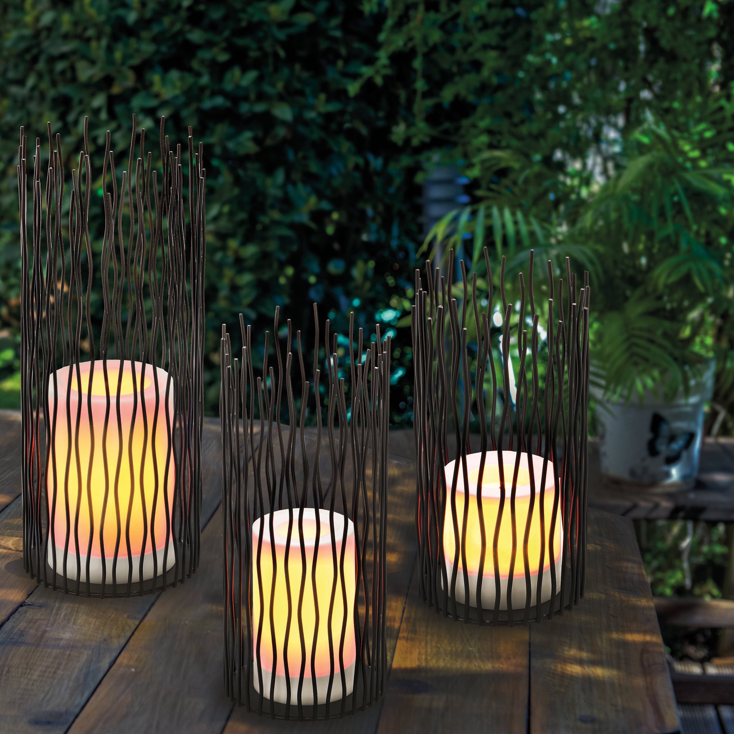 esotec LED Windlicht Bamoko Metall-Solarleuchten mit LED-Kerzen 3er Set H22/28/35cm 102246