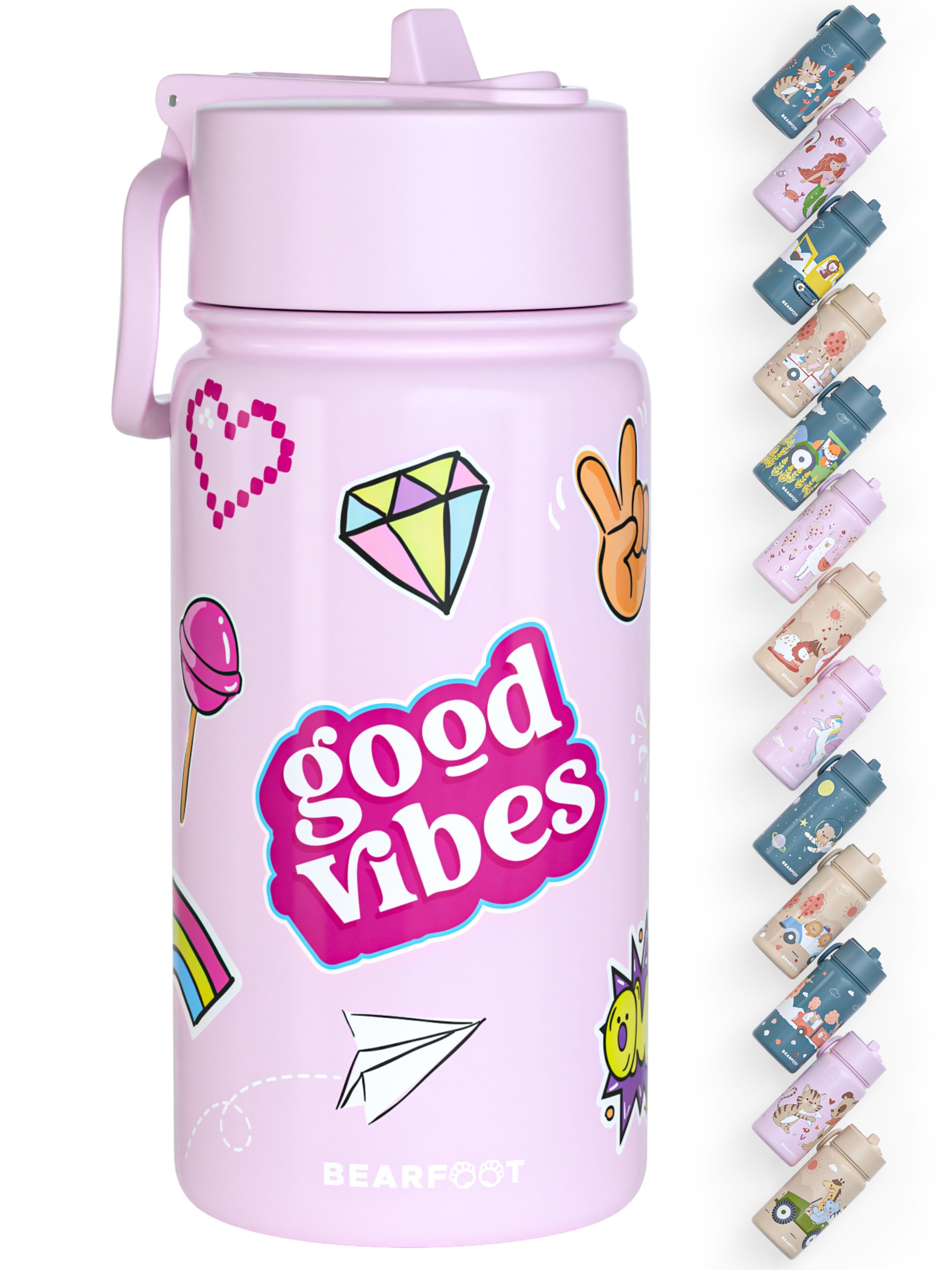 BEARFOOT Trinkflasche Thermo Kinder Trinkflasche Edelstahl - Sticker lila, Thermosflasche, auslaufsicher, Edelstahl, Kinderflasche, BPA-frei