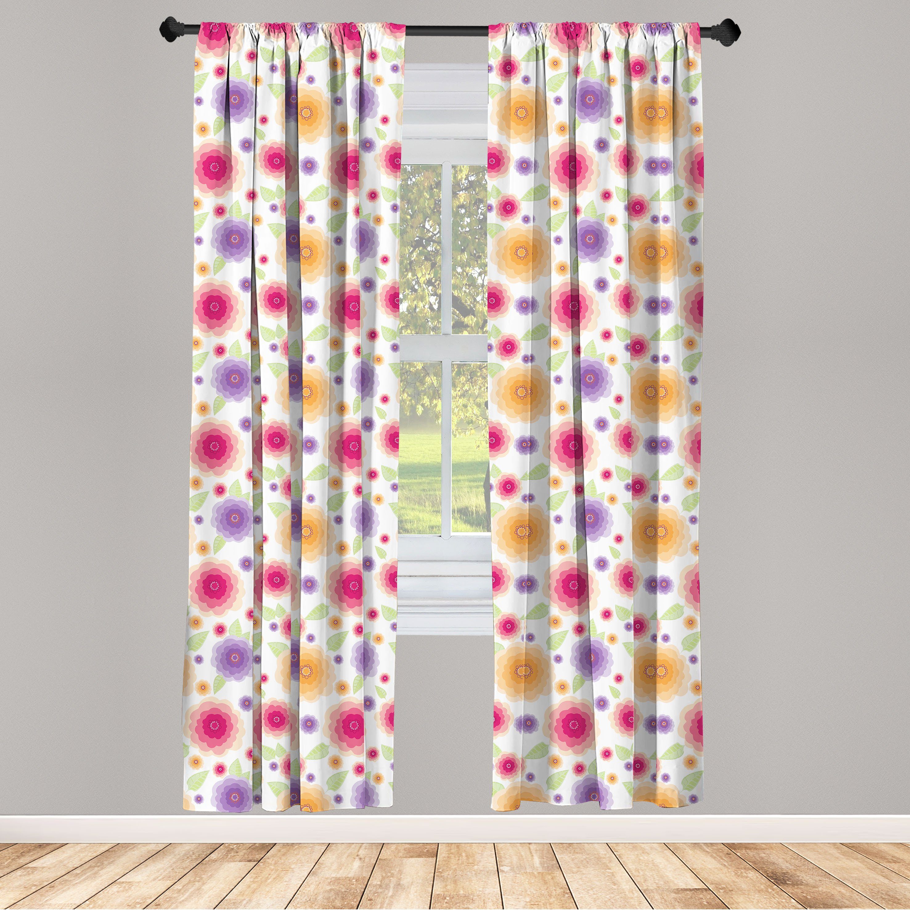 Gardine Vorhang für Wohnzimmer Schlafzimmer Dekor, Abakuhaus, Microfaser, Volkskunst Blumen und Blätter