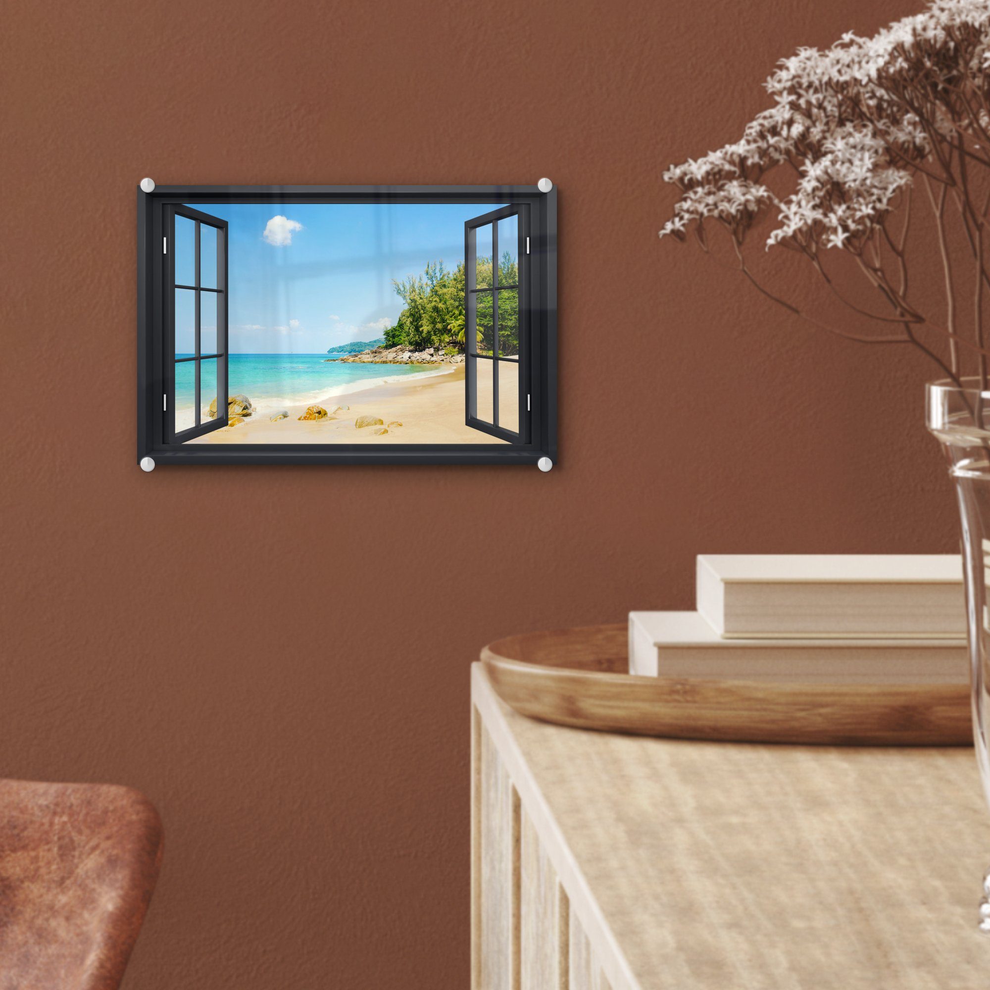 - - Acrylglasbild Durchsichtig Glas auf auf Strand Bilder (1 Glasbilder - - Glas Wandbild Foto - St), Schwarz, Wanddekoration MuchoWow