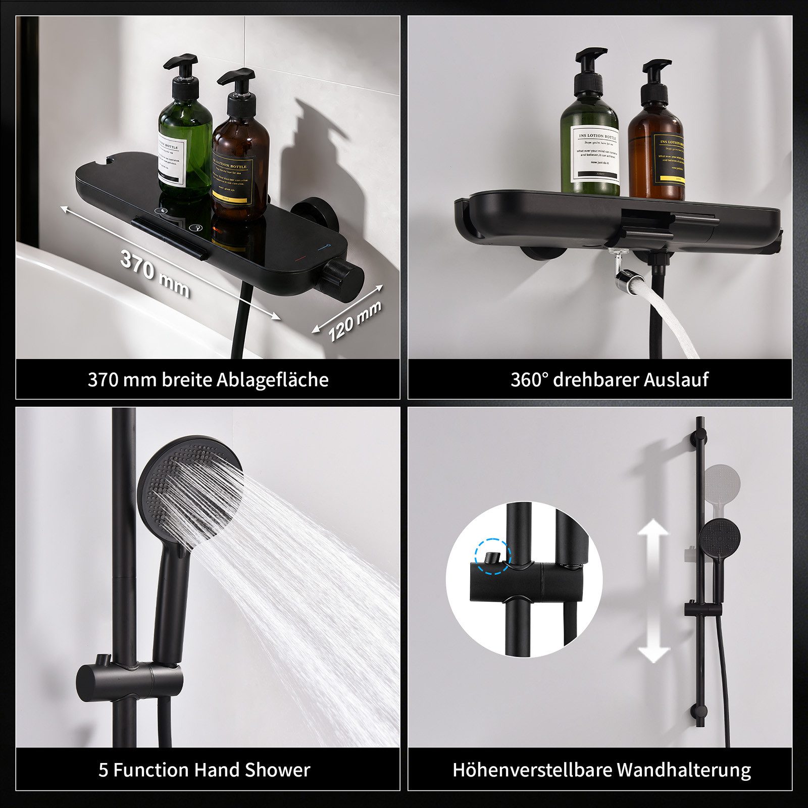 HOMELODY Brausegarnitur Badewannenarmatur Duschset mit Ablage, 5F Handbrause, höhenverstellbar, 3 Strahlart(en), 900 mm Höhenverstellbare Duschstange mit schwen – Bild 2 von 5