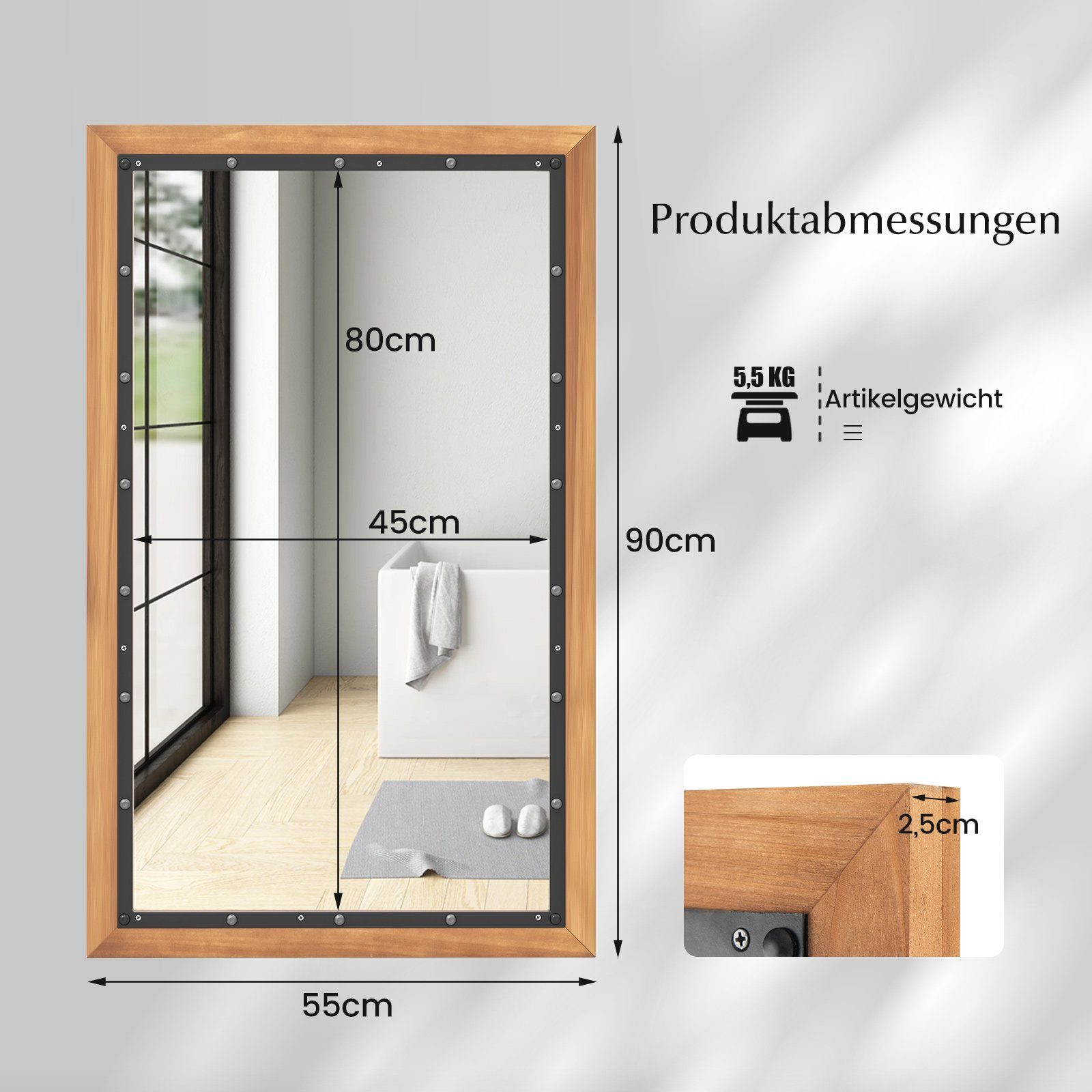 COSTWAY Spiegel, mit Holzrahmen, x 55 90 unbrechbar, Wandspiegel cm