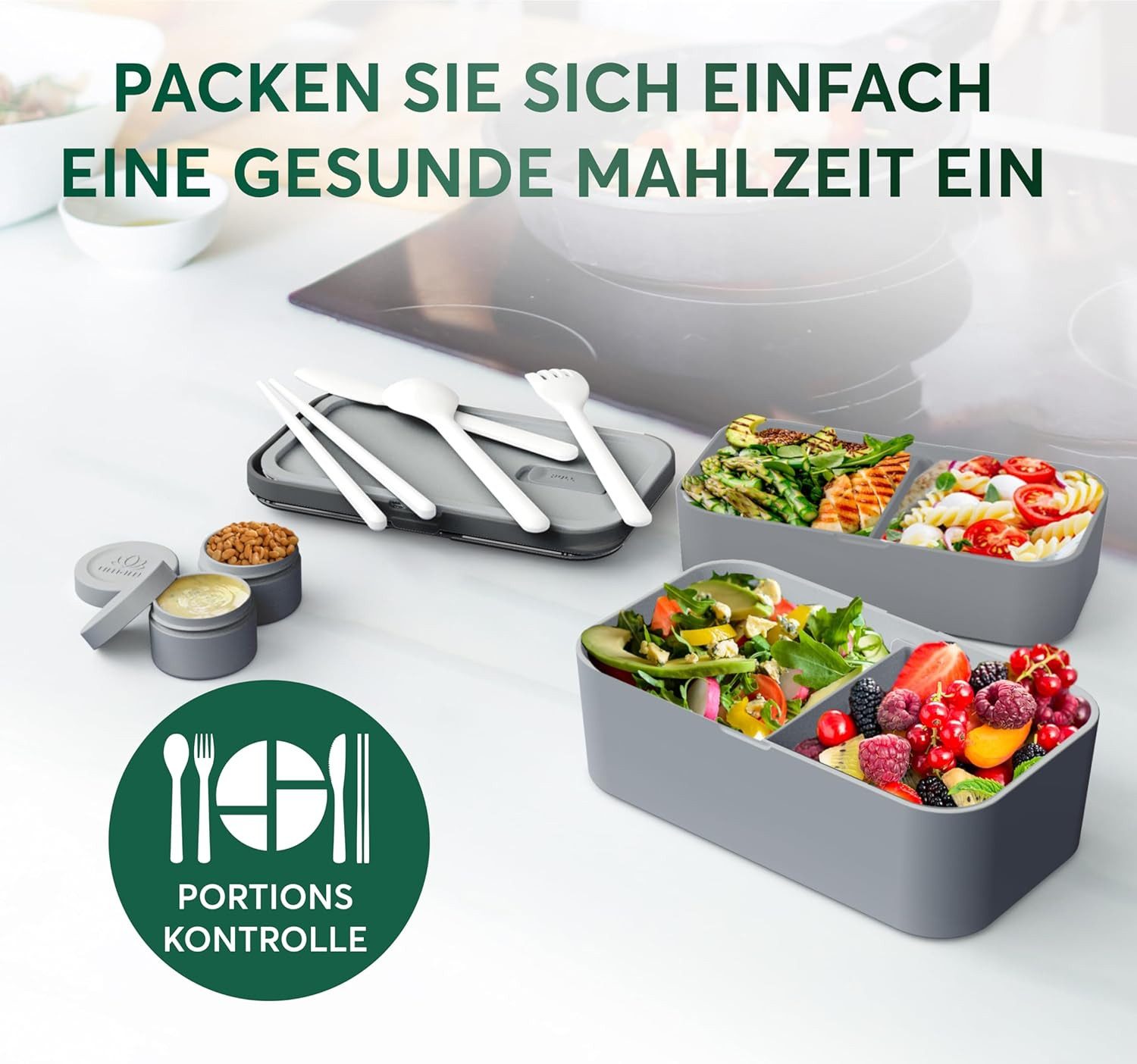 UMAMI Lunchbox Bento für Erwachsene mit Besteck und 2 Saucenbehältern, (Inkl. Zubehör Brotdose mit Fächern für Meal Prep), als Brotdosen für Salat, Snack Bento Box, Auslaufsichere Brotdose