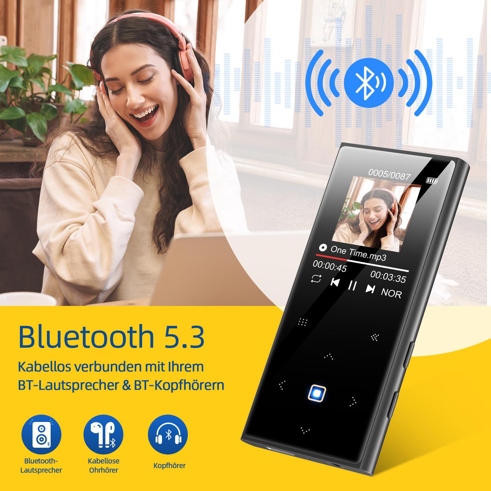 Tekoo MP3-Player mit Bluetooth 5.3, 32GB intern, Diktiergerät, FM-Radio MP3-Player (32 GB, BT 5.3, Line-In Rec., Metallgehäuse, 49h Akku)