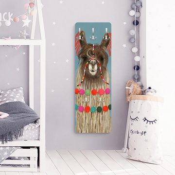 Bilderdepot24 Garderobenpaneel blau Illustration Kinder Tiere Lama mit Schmuck I Design (ausgefallenes Flur Wandpaneel mit Garderobenhaken Kleiderhaken hängend), moderne Wandgarderobe - Flurgarderobe im schmalen Hakenpaneel Design