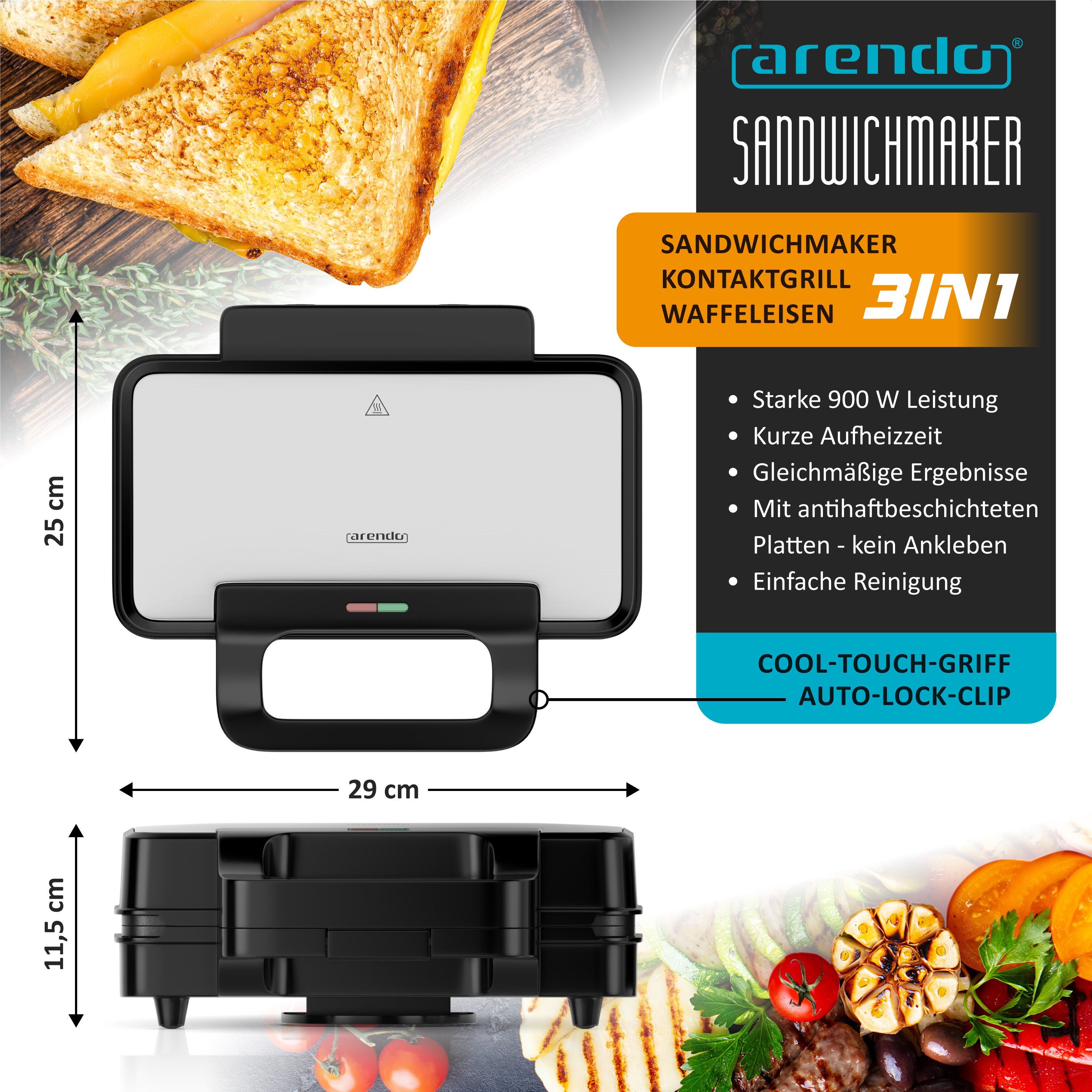Arendo 3-in-1-Sandwichmaker Multifunktions-Snackmaker für Sandwich, Waffel & Panini, Kontaktgrill, 900 W, Edelstahl-Applikation, Verriegelung, Antihaftbeschichtung, Kompakt