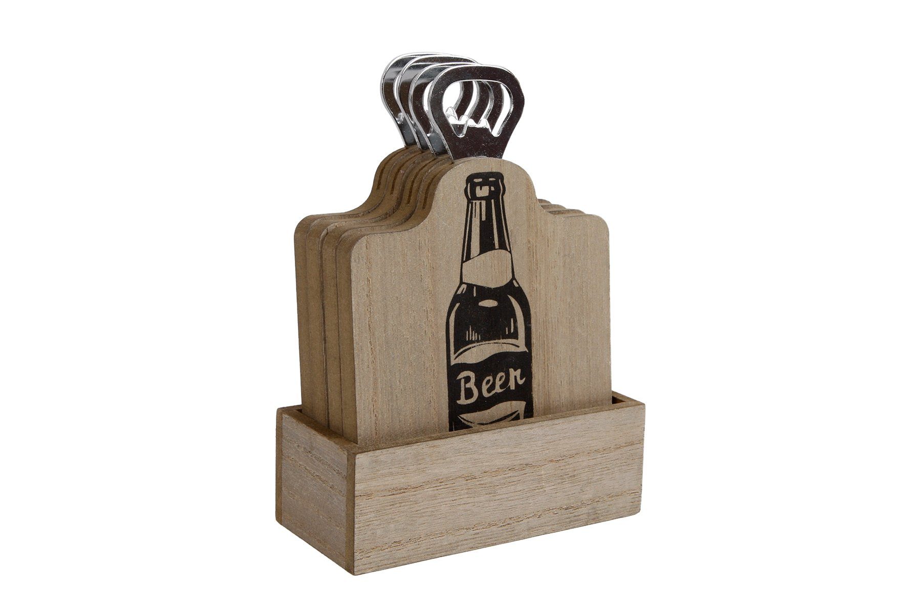 Van Manen 4er mit Holzuntersetzer Getränkeuntersetzer Cheers Untersetzer Bier Set Flaschenäffner