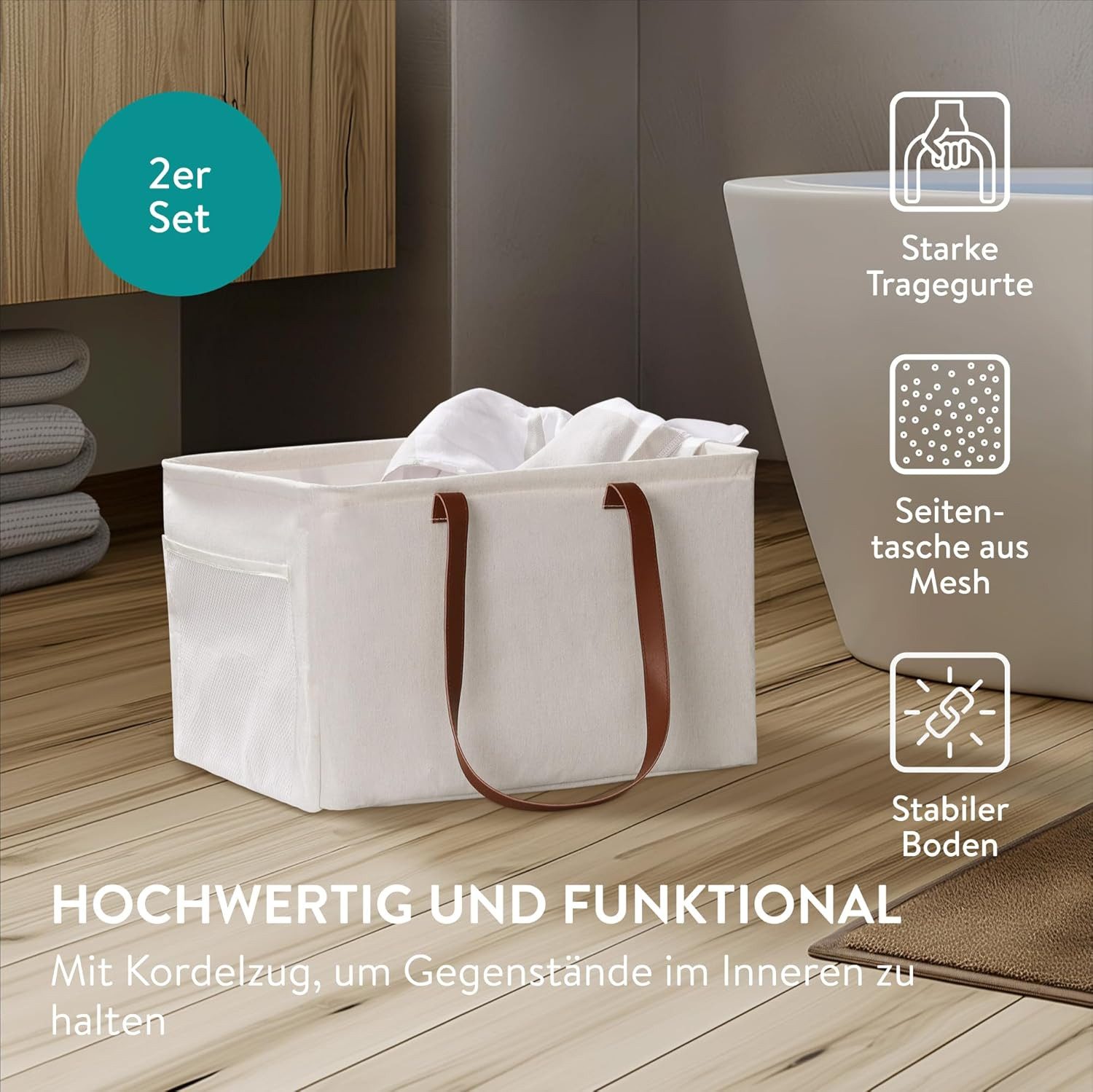 Navaris Wäschekorb Navaris 2er faltbarer Wäschekorb mit Griffen, beige – Bild 3 von 5