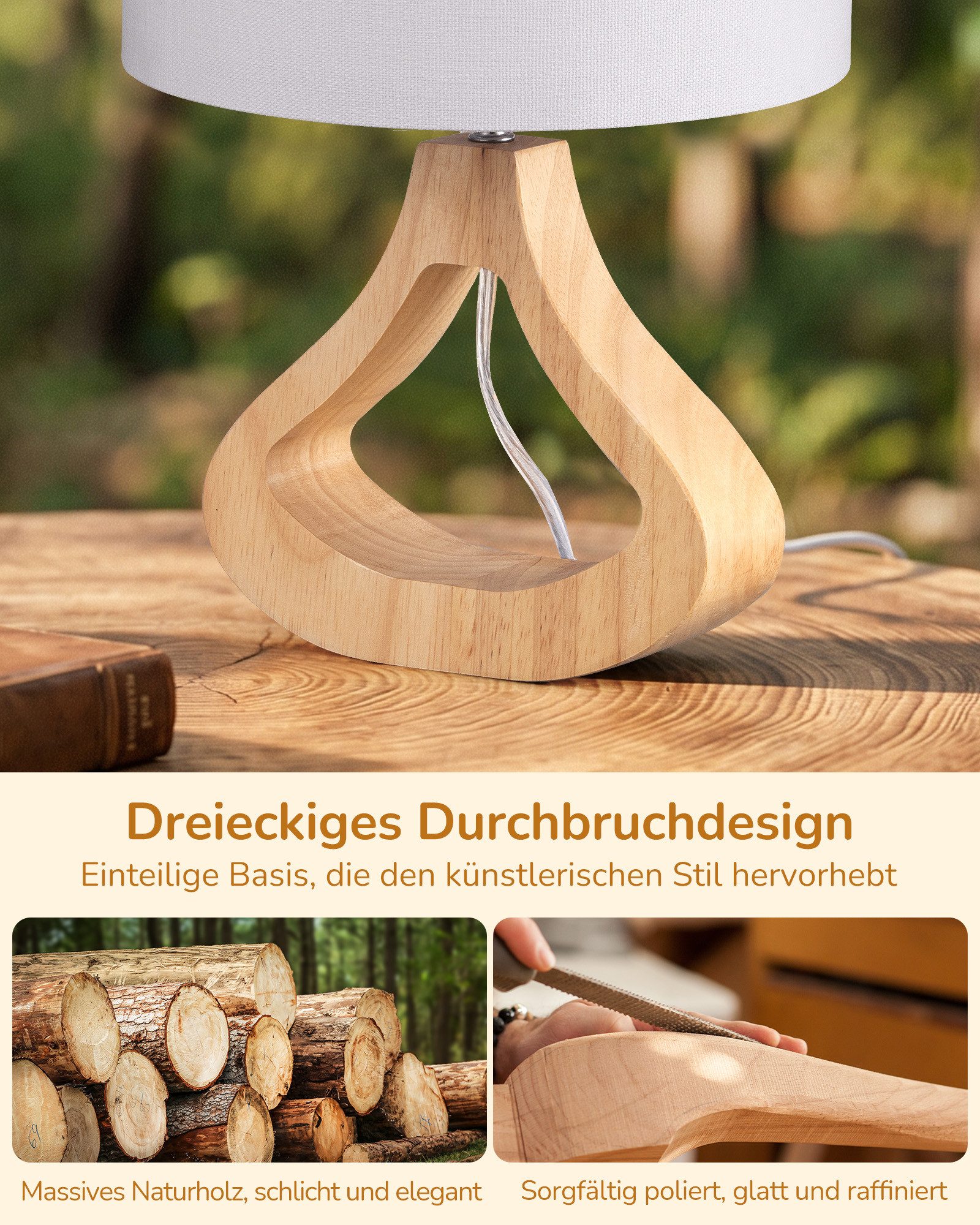 EDISHINE Nachttischlampe Höch 34cm Holz, Holzdeko, LED wechselbar, warmweiß, Lampe mit Ein-/Ausschalter, E27 Fassung mit 2700K LED-Glühbirne