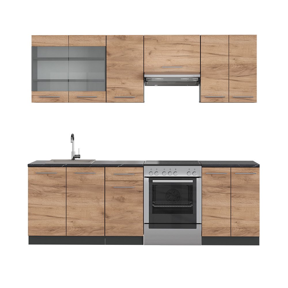 Vicco Küchenzeile Fame-Line, Goldkraft Eiche/Anthrazit, 240 cm, AP Anthrazit