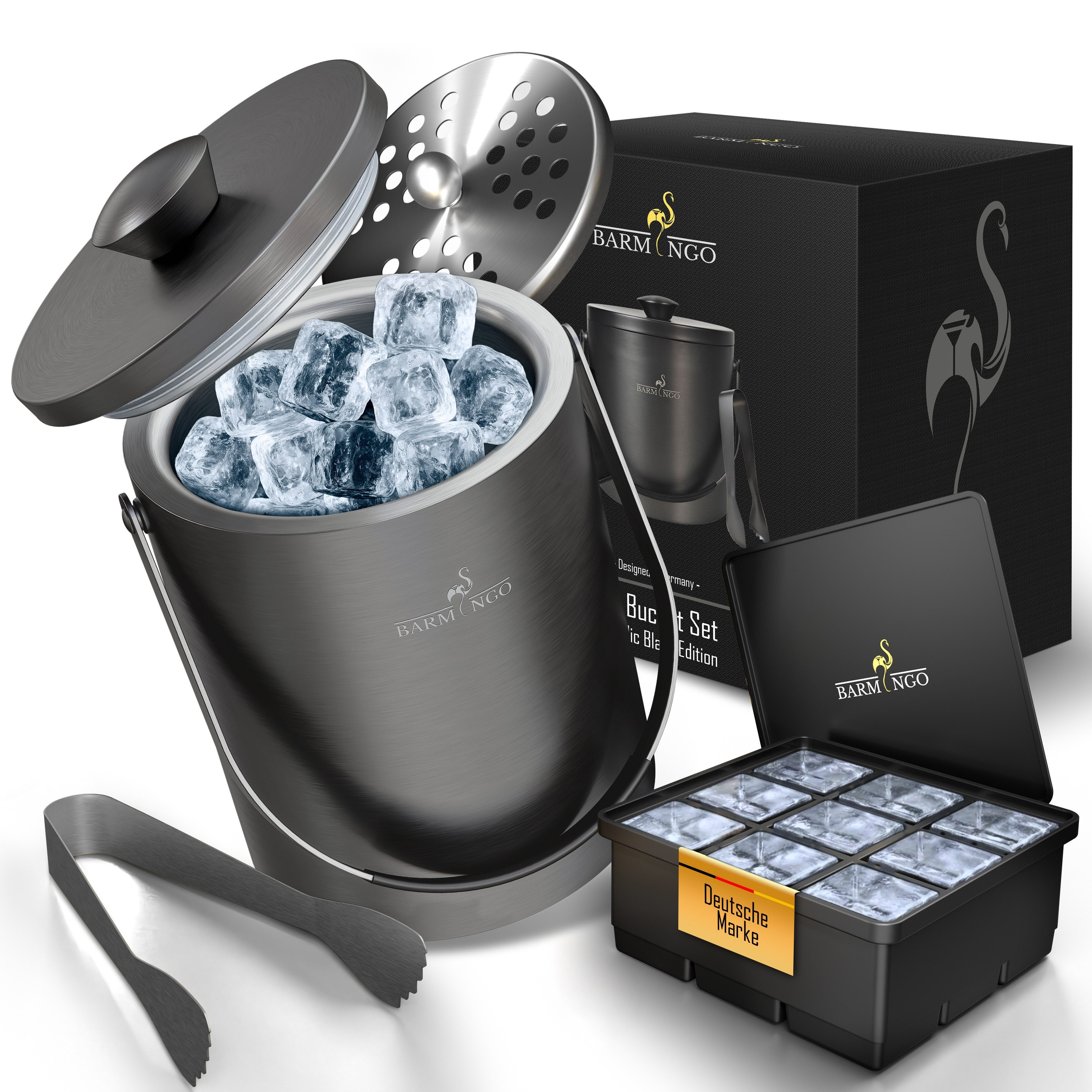 BARMINGO Eiswürfelbehälter mit Deckel (2 Liter), Edelstahl Eiskübel, (Eisbehälter Set, 3-tlg., 3 x 3 x 3 cm Eiswürfel, mit Sieb, Silikon Eiswürfelform & Zange), Eiseimer doppelwandig, isoliert, BPA-frei, Silikondeckel
