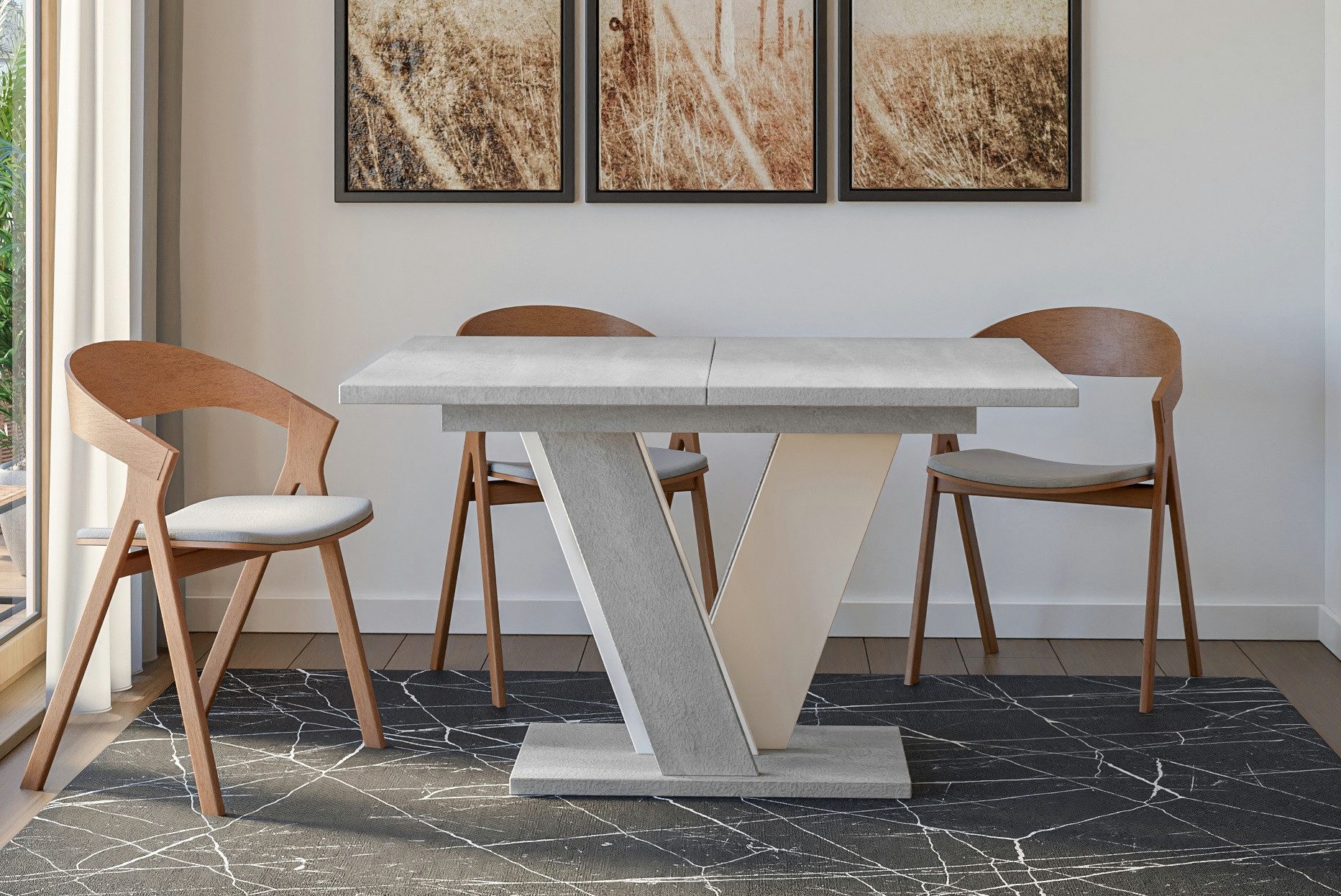 Home Collective Esstisch ausziehbar Tisch Küchentisch Esszimmertisch Ausziehtisch 4-6 Personen (Esszimmer Küche Wohnzimmer Esstisch erweiterbar), modernes Design mit V-Gestell, 120-160 x 90 cm Betongrau mix Weiß