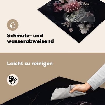 MuchoWow Herdblende-/Abdeckplatte Blumen - Vintage - Pastell - Rosa - Weiß, Vinyl, (1 tlg), 58x51 cm, Küchen Dekoration für Induktionsherd, Induktionskochfeld