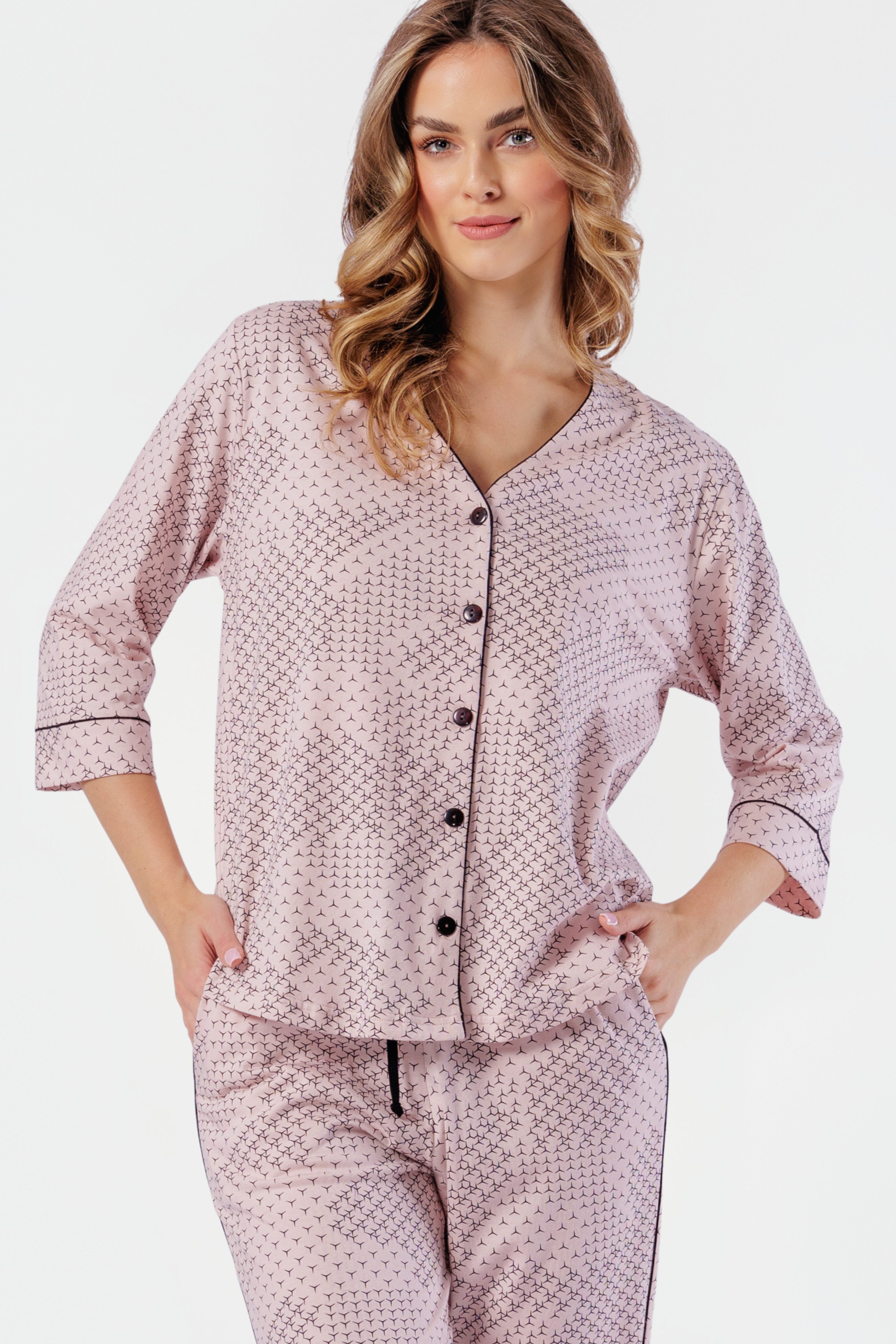 COOLISMO NIGHTWEAR Capri-Pyjama Damen Schlafanzug geknöpft, reine Baumwolle (2 tlg) elegante Loungewear in Altrosa mit schwarzem Druck & Satin-Piping