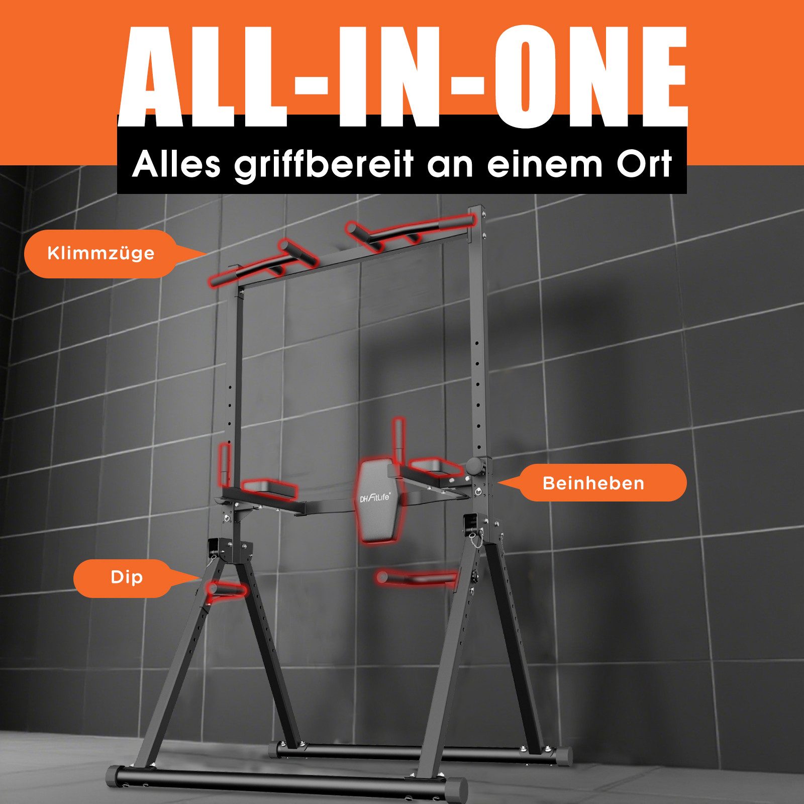 DH FitLife Kraftstation Faltbar Power Tower Dip Station bis 210kg, (Klimmzugstange Freistehend mit Dip Barren u. Rückentrainer), höhenverstellbare Kraftturm, Kraftstation, Power Rack for Home Gym
