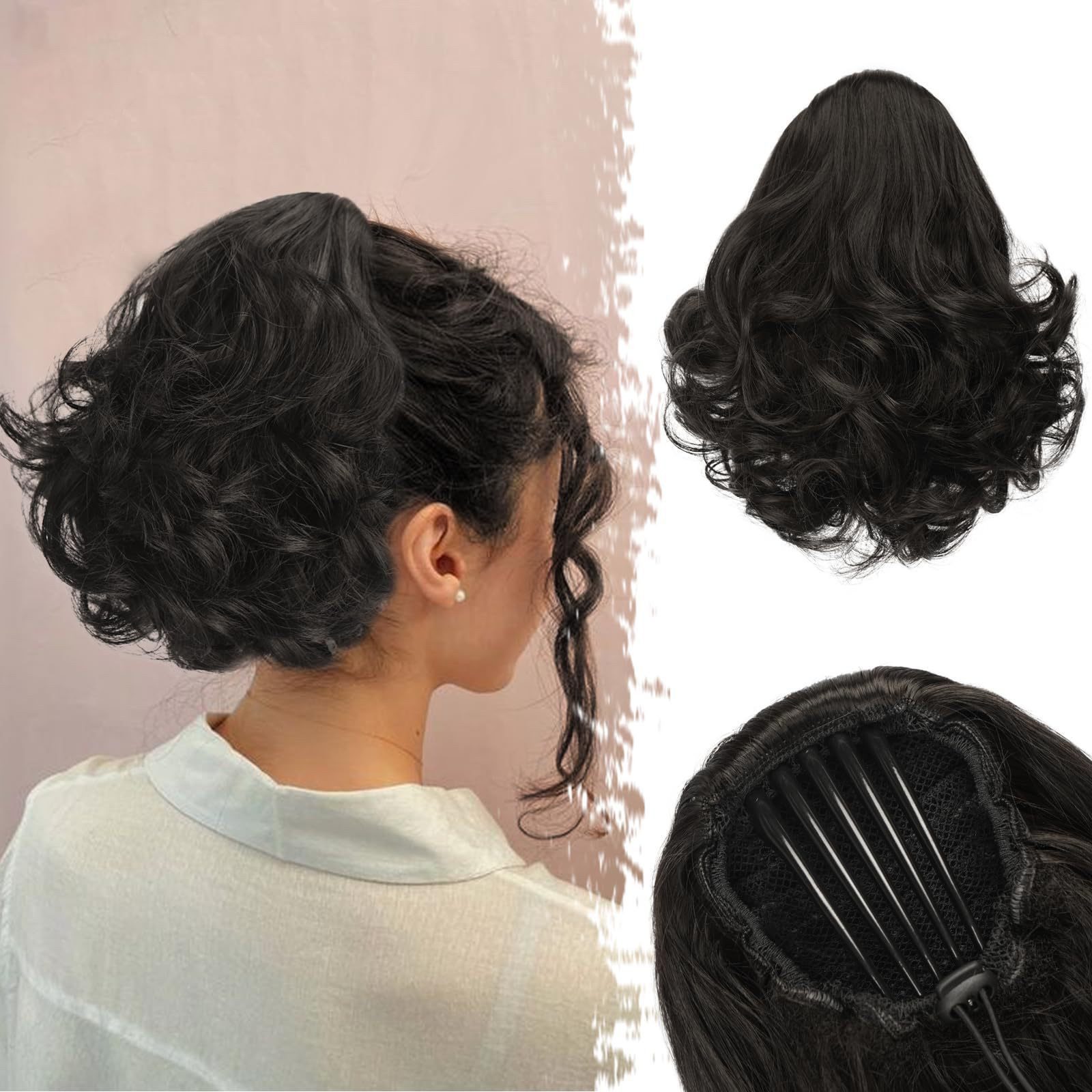Refttenw Kunsthaarperücke Pferdeschwanz Haarteil mit Kordelzug Kurzes Wellige Ponytail Парики, 25cm Hitzebeständige Haar