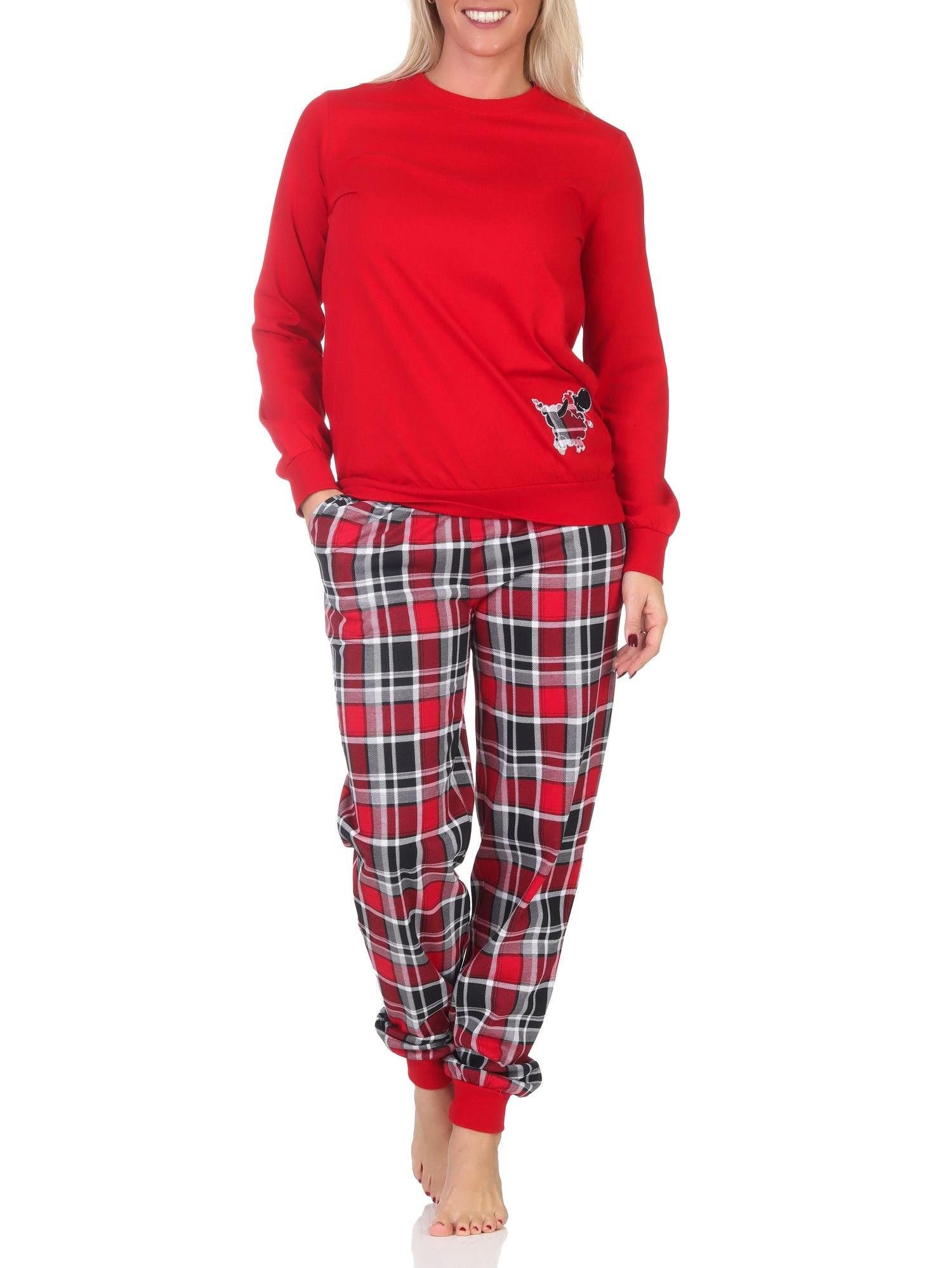 Normann Pyjama Damen Schlafanzug mit Bündchen mit Karohose und niedlichen Tiermotiv – Bild 2 von 4