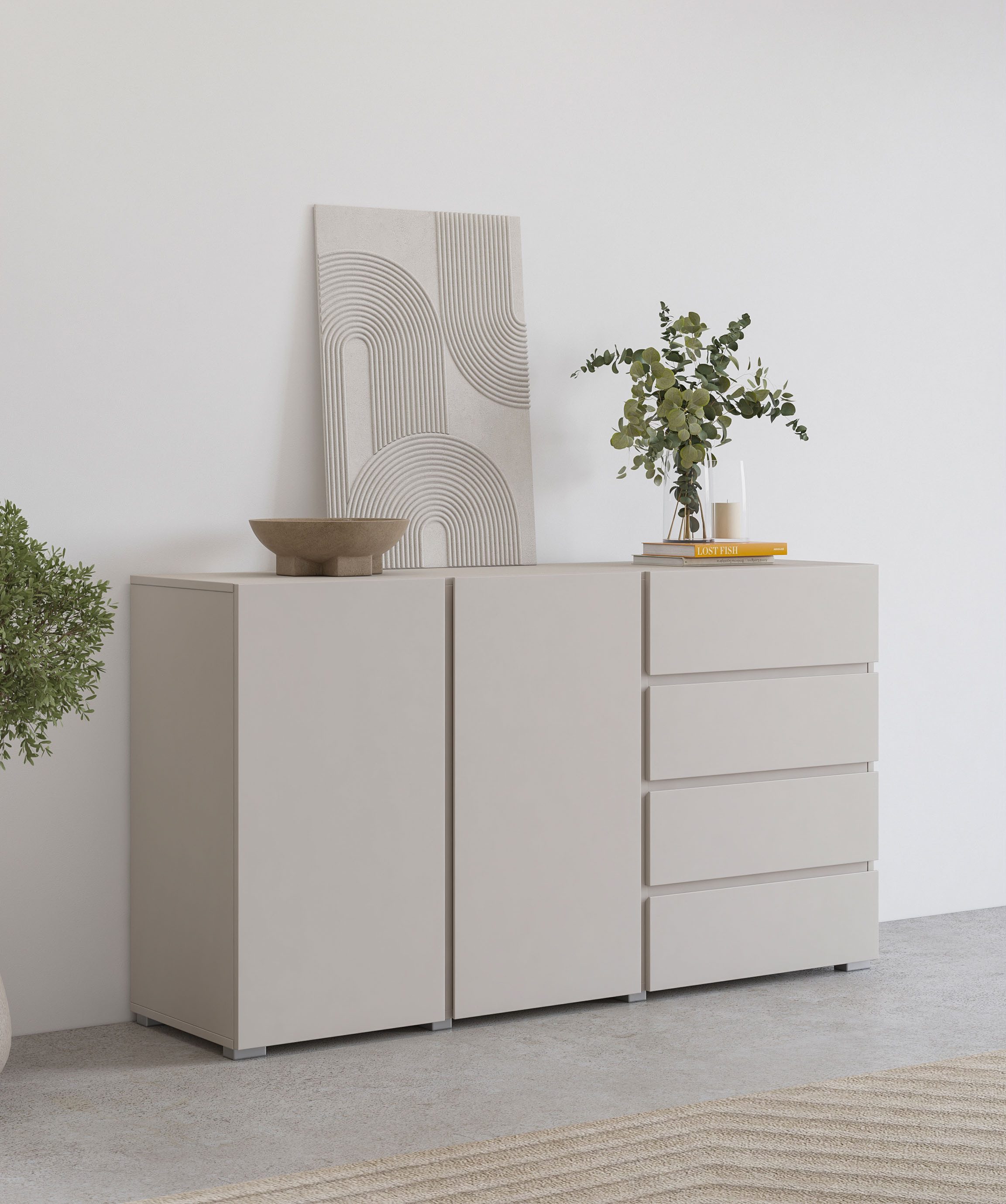 OTTO home Sideboard Asymetric,Breite 138 cm, grifflose Kommode 2 Türen/4 Schubkästen, Schubladenschrank mit viel Stauraum, Einlegeböden verstellbar
