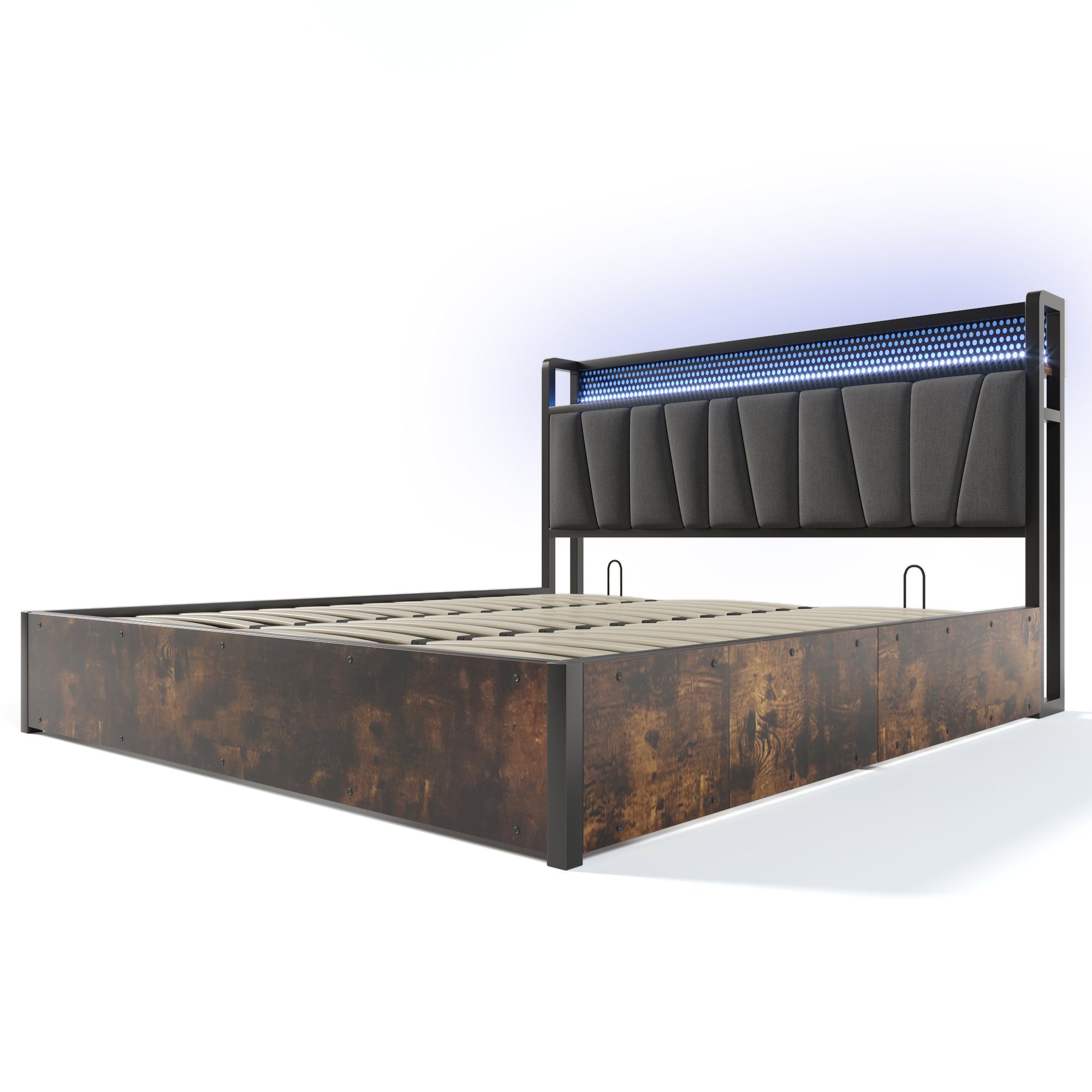Polsterbett (LED Metallbett Doppelbett), hydraulisches Stauraumbett mit Ladefunktion und Lattenrost, 180x200cm