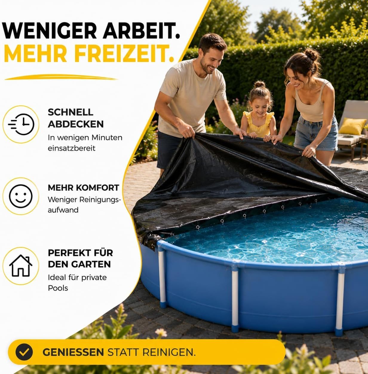 toolmate® Poolüberdachung Poolplane rund 200 g/m² – Schwarze Solar Poolabdeckung UV-resistent