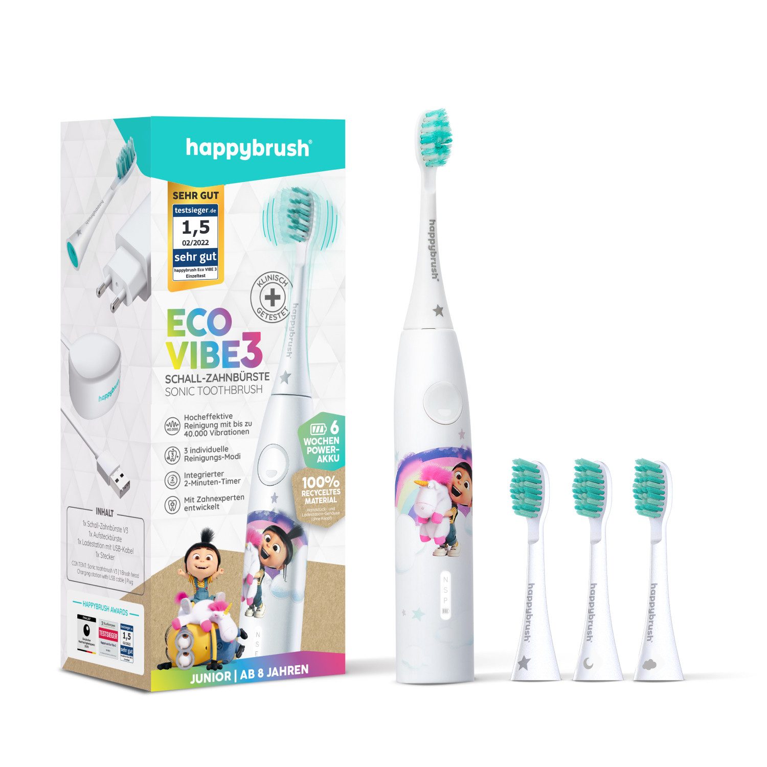 happybrush Elektrische Kinderzahnbürste Eco Vibe 3 Agnes - 100 Tage Probeputzen - 8 Wochen Power Akku, Aufsteckbürsten: 4 St., Eco Vibe 3, 3 individuelle Putz-Modi, Schalltechnologie