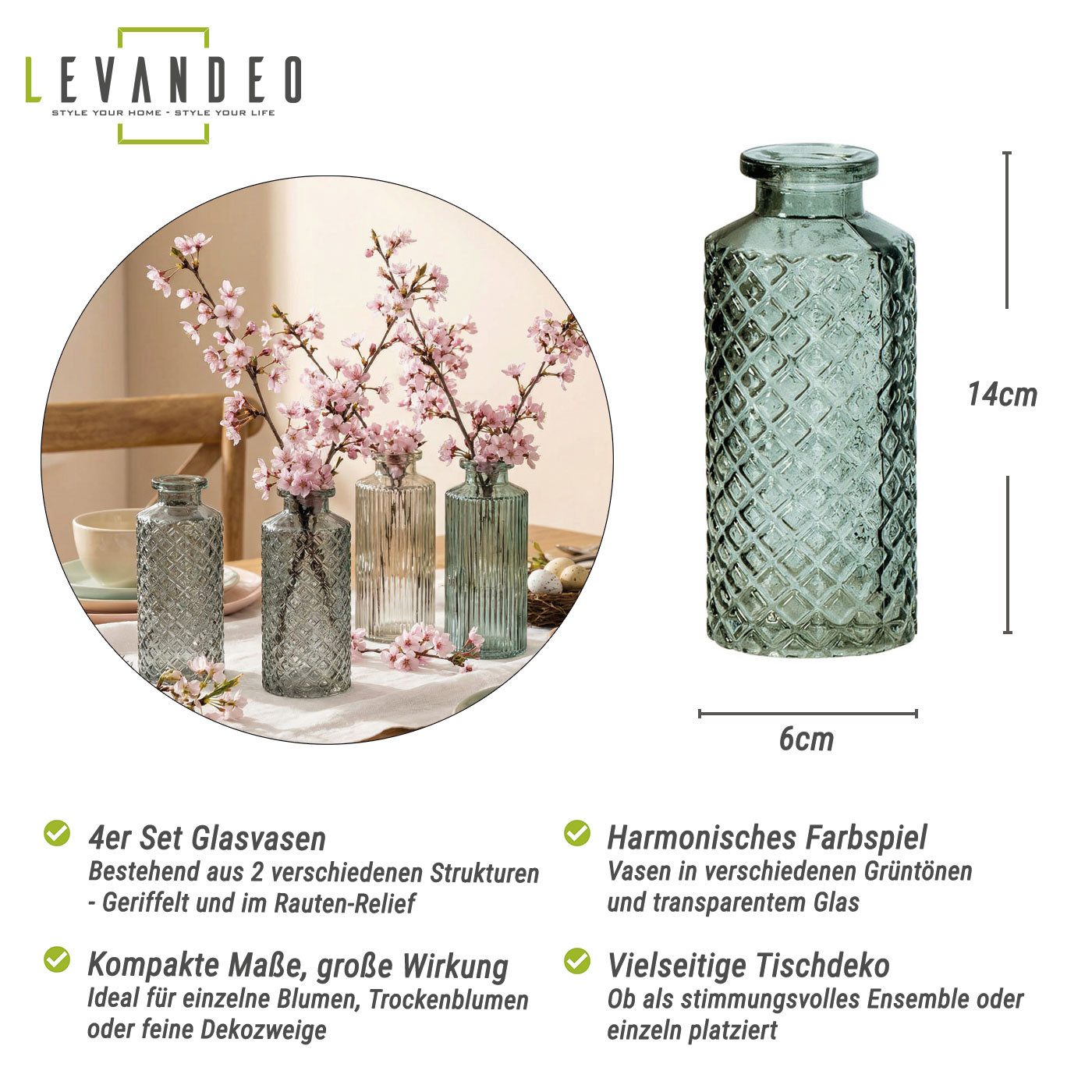 Levandeo® Dekovase, 4er Set Vase Glas Grün H14cm Grau Glas Blumenvase Tischdeko