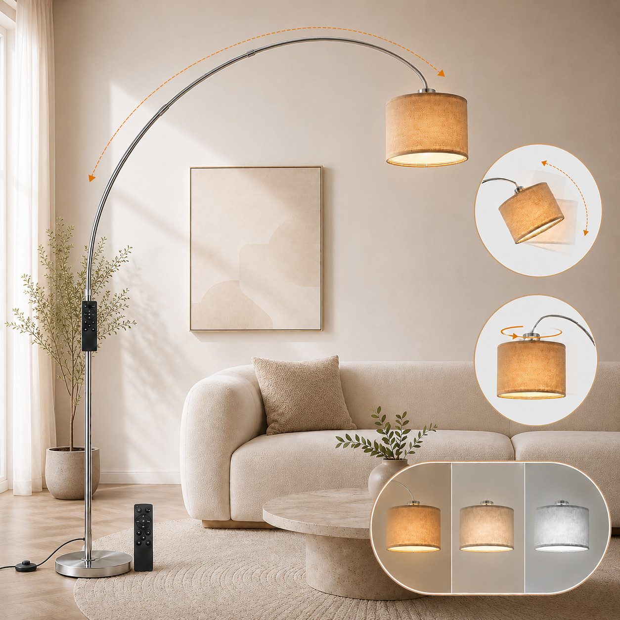 ANTENLICHT LED Stehlampe 165-180cm Elegante Bogenstehleuchte in Silber, Fernbedienung, E27 LED-Leuchtmittel inklusive, Warmweiß bis Tageslichtweiß (2700-6500K), Dimmbar, flexibel & stilvoll für perfektes Licht