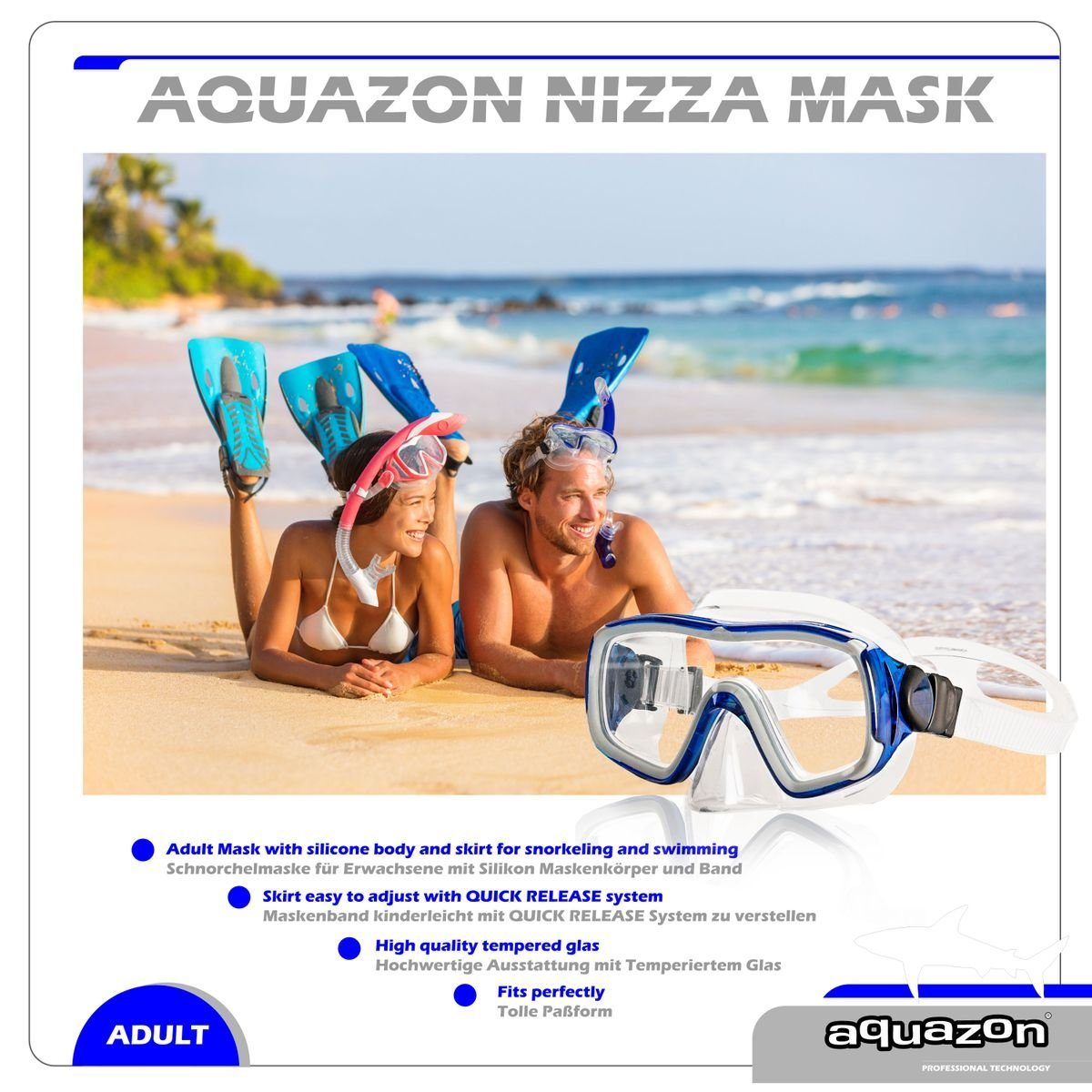 AQUAZON Taucherbrille NIZZA, Schnorchelbrille für Erwachsene Tempered Glas,  Silikon