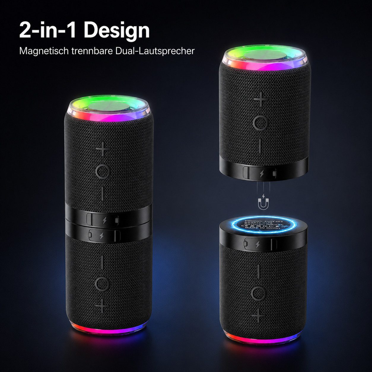 Fyrove 2-in-1 Magnetisch mit Lichteffekten Stereo 360° Surround-Sound Bluetooth-Lautsprecher 2 (Bluetooth 5.4, IPX6 Wasserdicht Magnetisch haftend Trennbar in zwei Einheiten)
