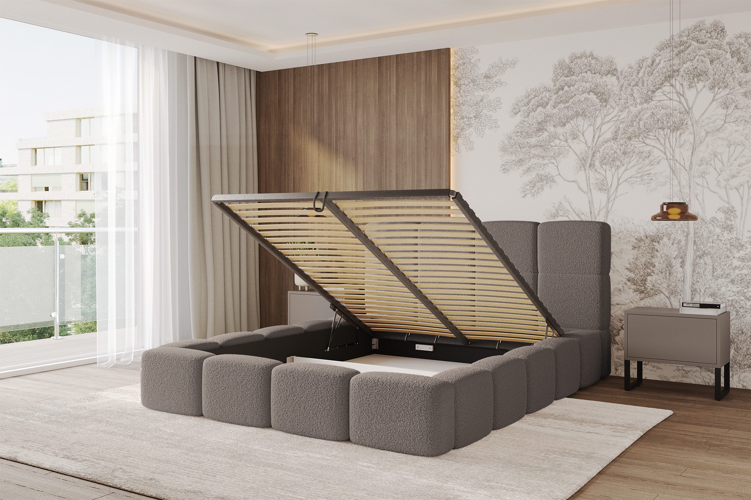 ALTDECOR Polsterbett NATA (Polsterbett mit Bettkasten und Lattenrost, Boxbett mit Matratze), Doppelbett mit Stauraum, Bett mit Kopfteil