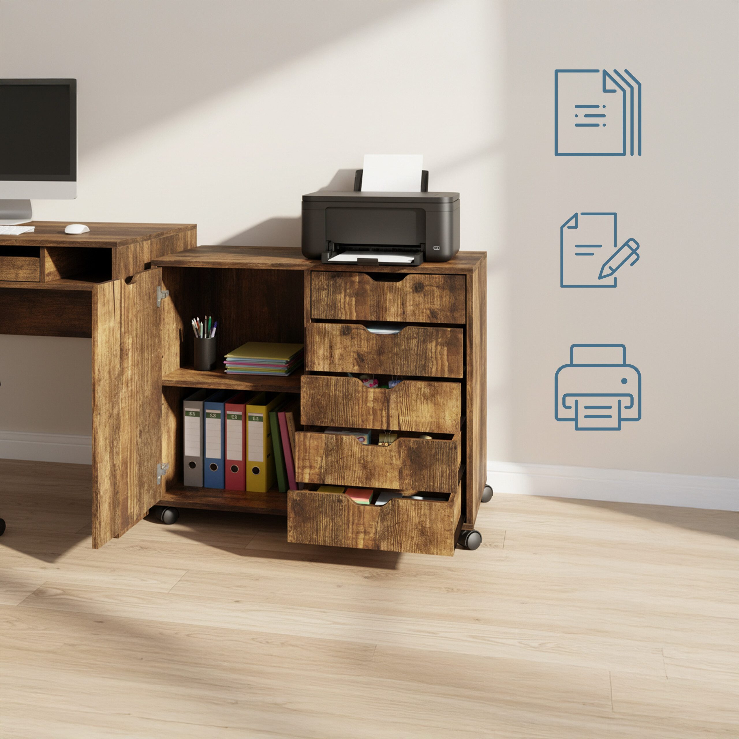 relaxdays Rollcontainer mit Schubladen & Fäch, Vintagebraun günstig online kaufen