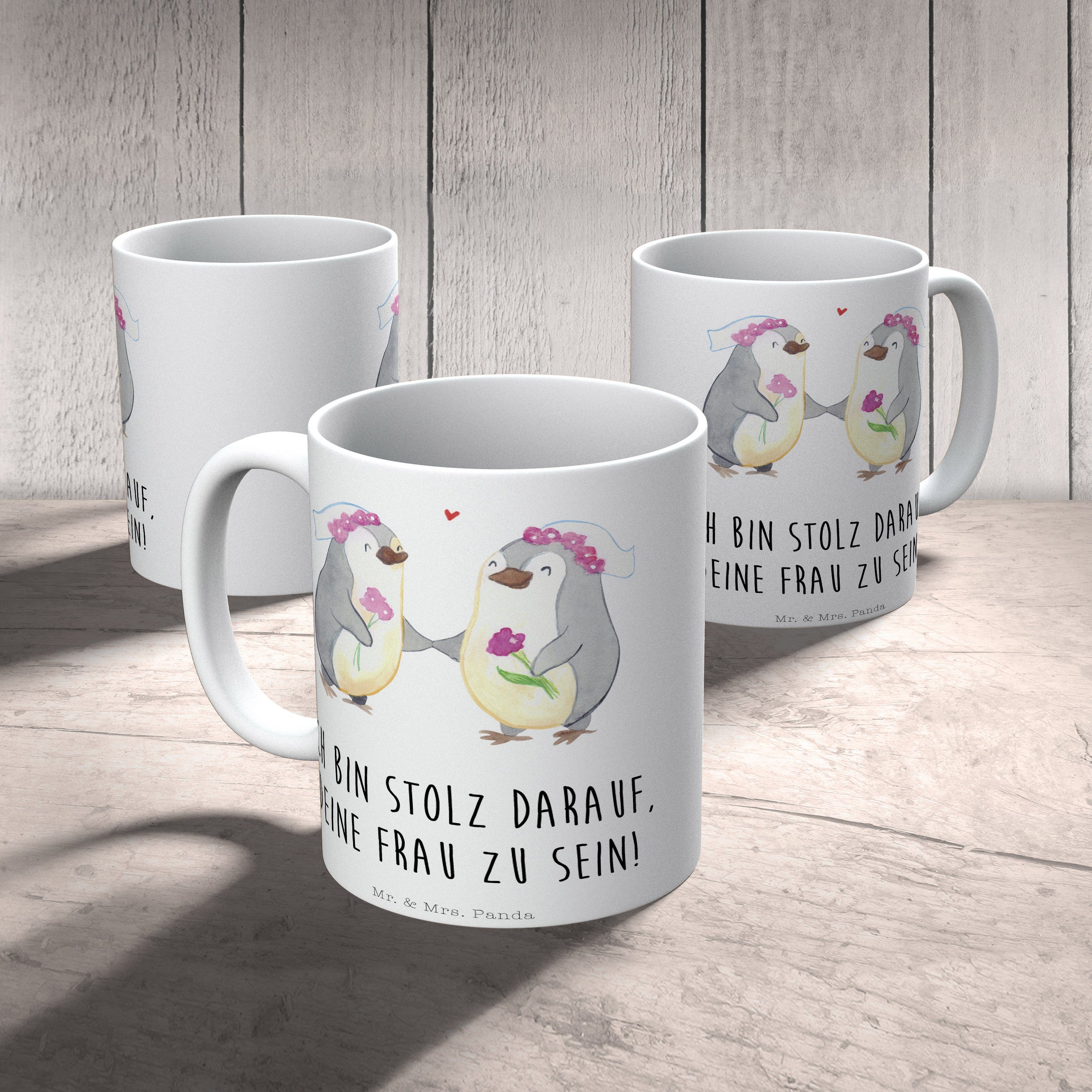 Mr. & Mrs. Panda - Pride Weiß Lesbian Keramik Becher, Geschenk, Pinguin Pärchen Kaffeetasse, - Tasse