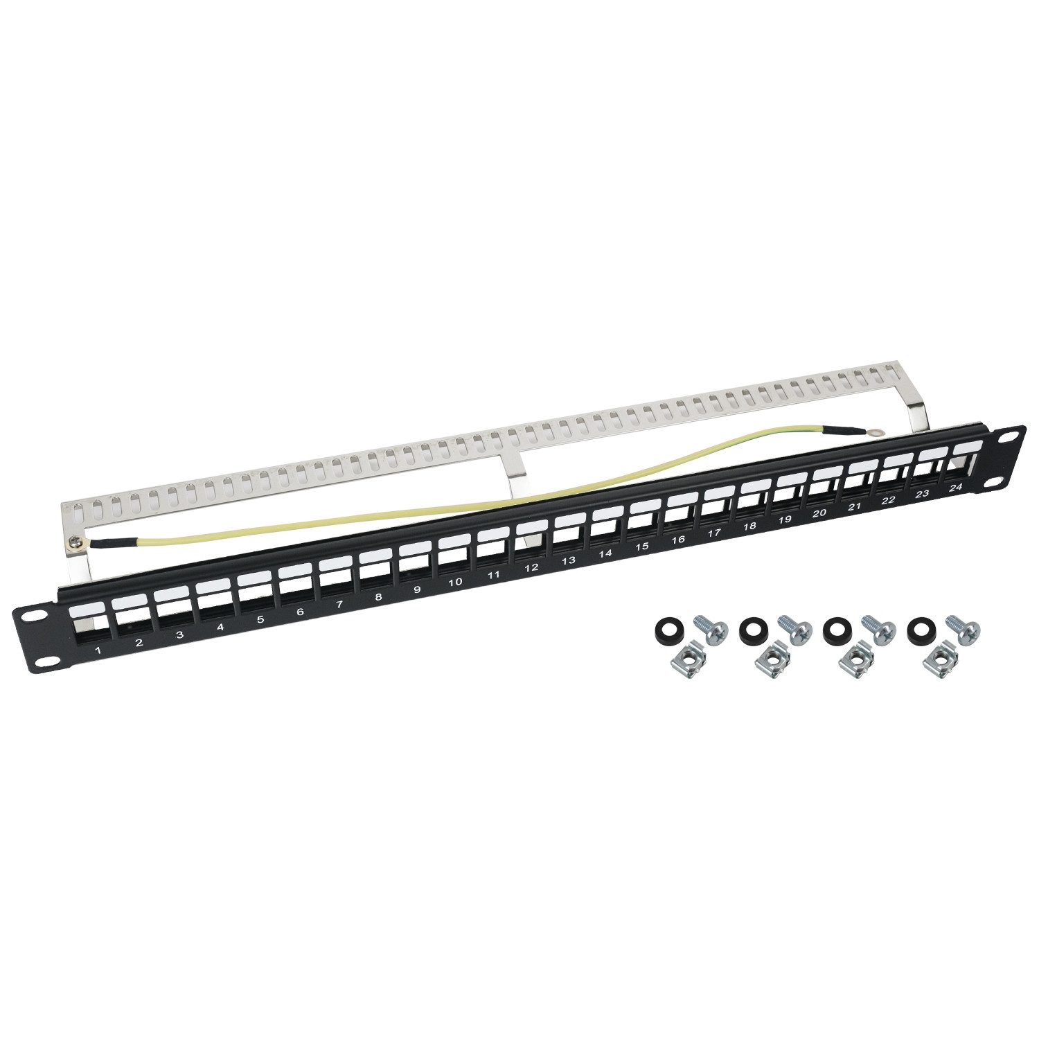 HMF Serverschrank 66446-02 STP Keystone-Patchpanel für Serverschrank, 19 Zoll, 1 HE, 24 Ports RJ45 Geschirmt, Schwarz