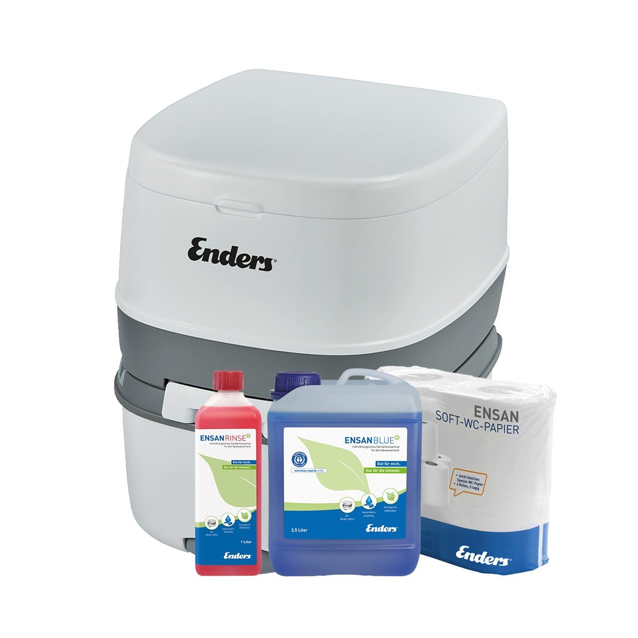 Enders® Campingtoilette SET Supreme medium+: Supreme + Rinse+1L + Blue+ 2,5L + WC-Papier, (Spar-Set, 1L RINSE+ + 2,5L BLUE+ + 4 Rollen selbstauflösendes Toilettenpapier), integrierter Papierhalter, Belüftungstaste, Deckel + Brille abnehmbar