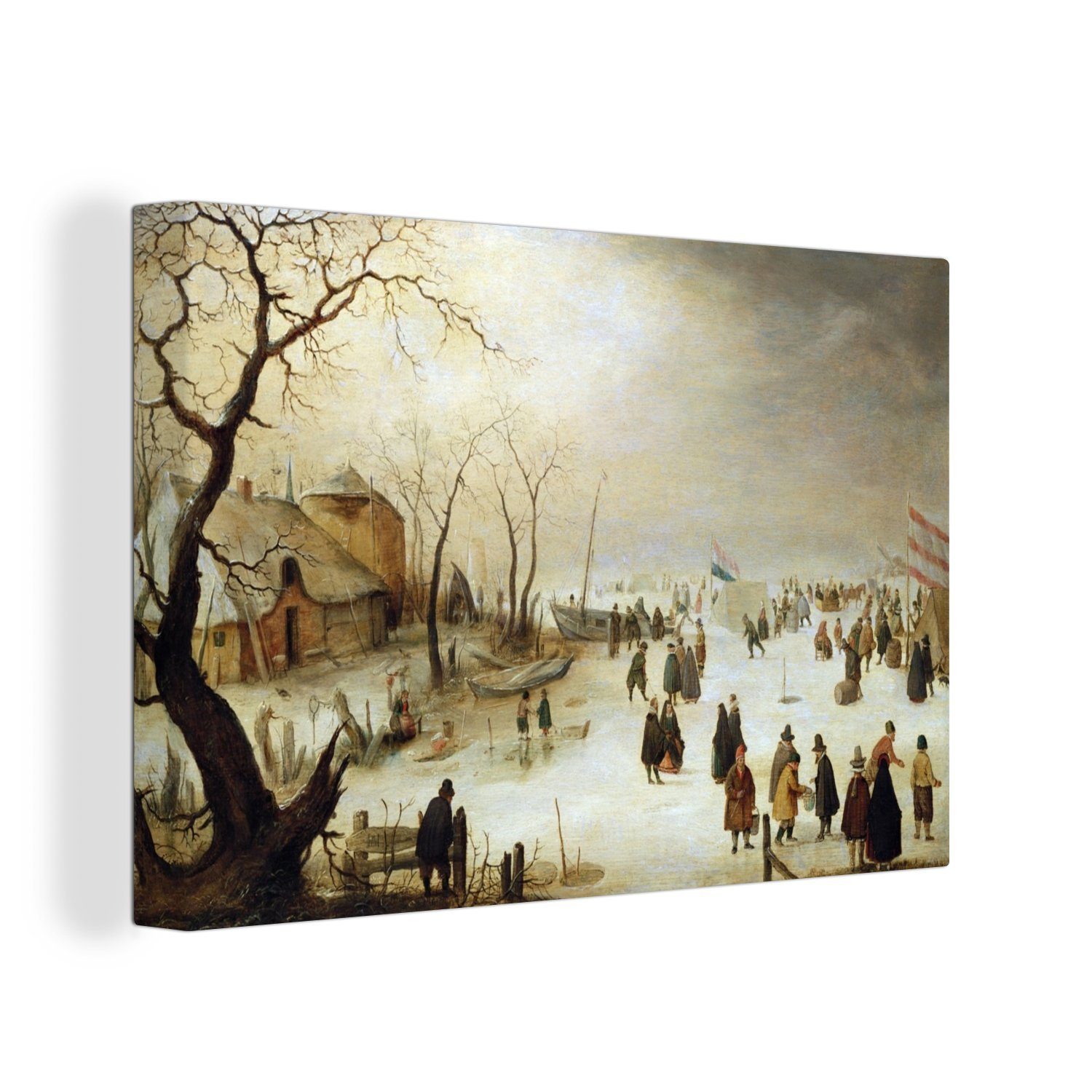 OneMillionCanvasses® Leinwandbild Eine winterliche Flusslandschaft mit Figuren auf dem Eis - Gemälde von, (1 St), Wandbild Leinwandbilder, Aufhängefertig, Wanddeko, 30x20 cm