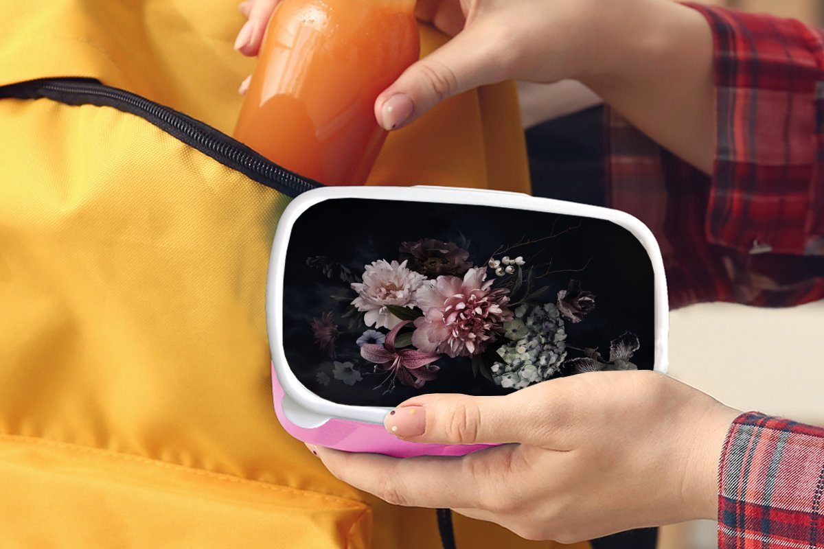 Vintage Blumenstrauß, Schwarz - Brotdose Kunststoff, - Kinder, Snackbox, Pastell Erwachsene, Blumen Brotbox Kunststoff Lunchbox MuchoWow - (2-tlg), - Mädchen, rosa für
