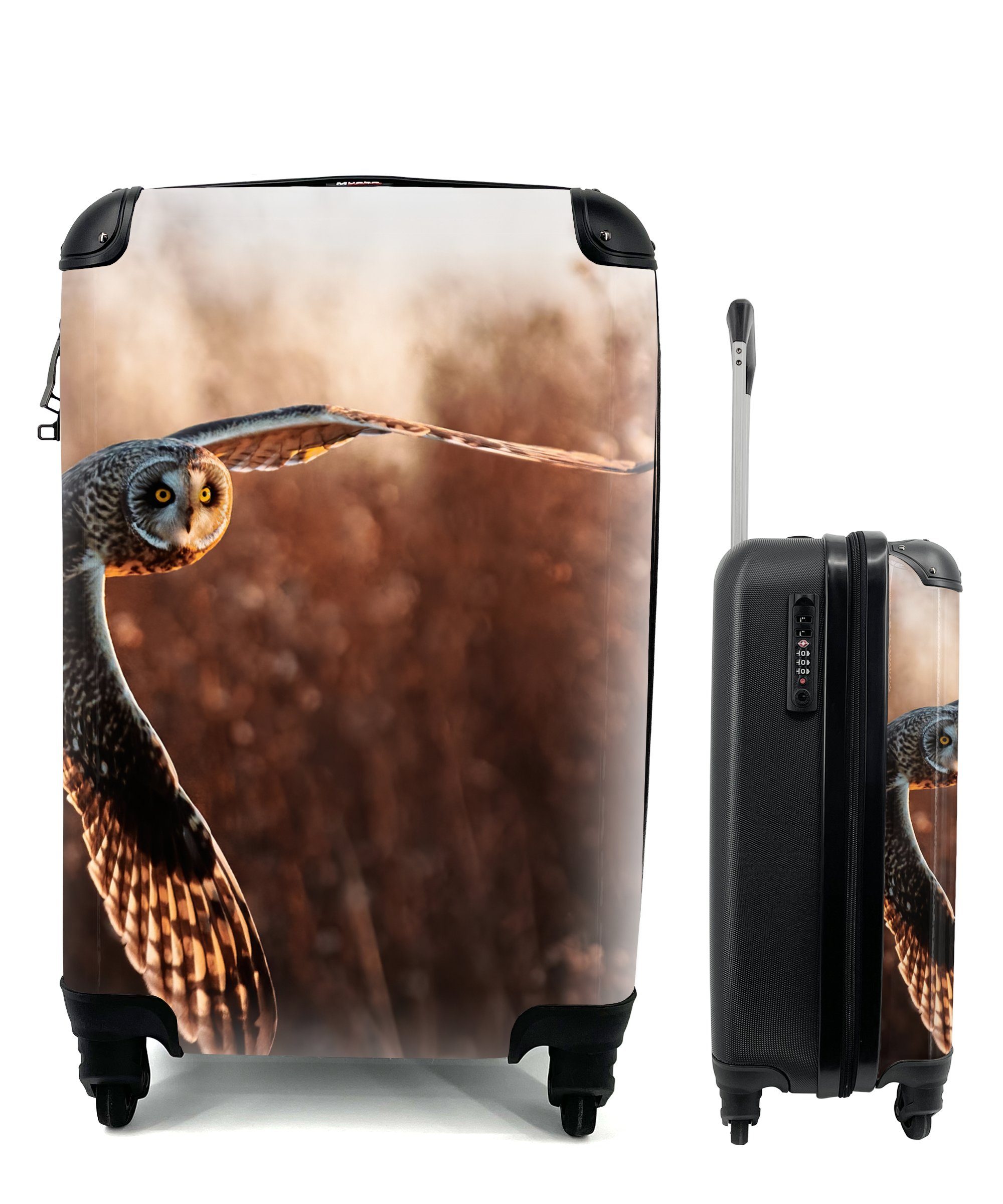 Ferien, rollen, Vogel für Eule - Natur, 4 MuchoWow Reisekoffer Handgepäck mit Reisetasche Handgepäckkoffer - - Trolley, Sonnenuntergang Rollen,