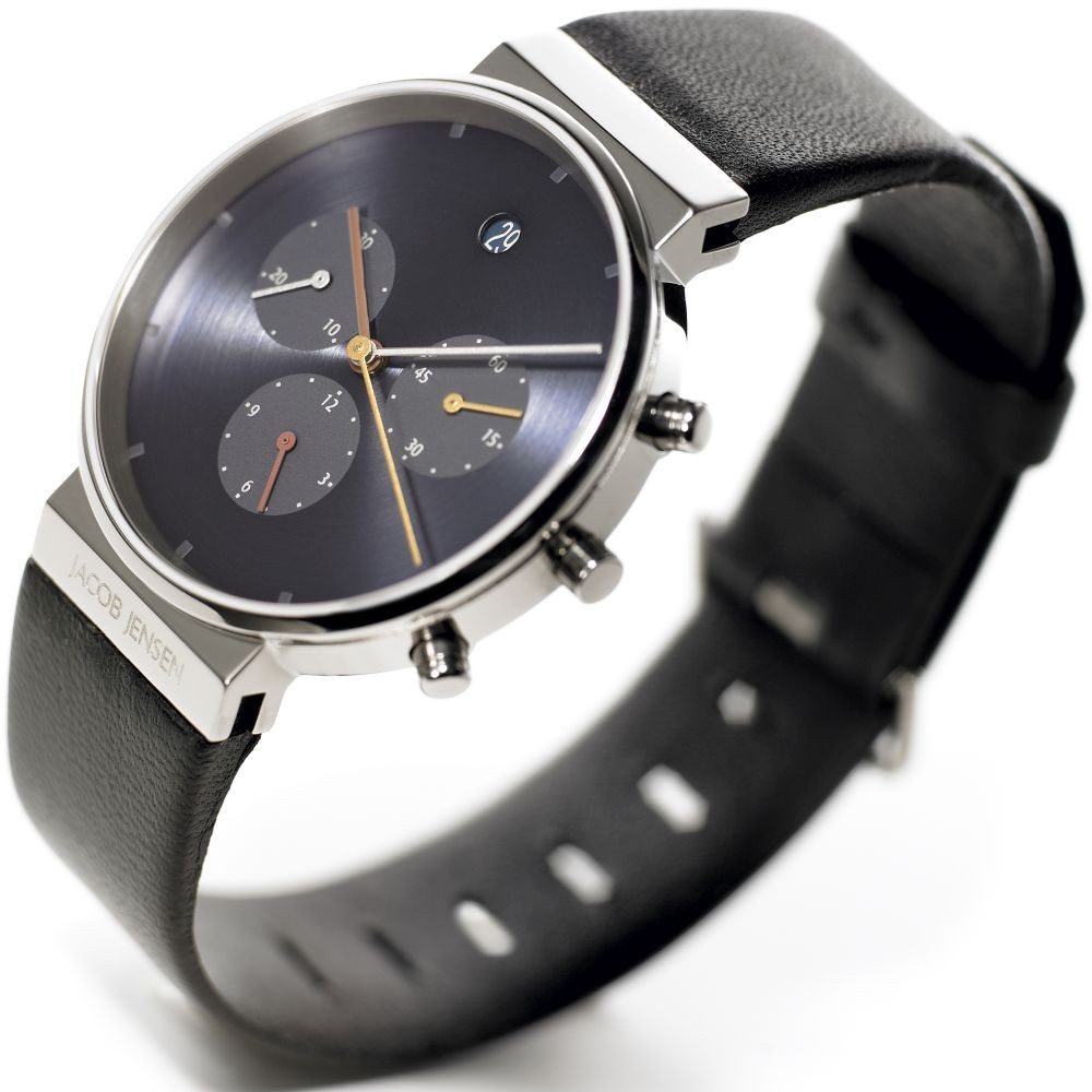 Jacob Jensen Titanuhr JACOB JENSEN Herren Armbanduhr CHRONO 605 blau D. 37 mm Lederband