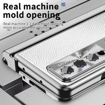 Wigento Handyhülle Für Samsung Galaxy Z Fold4 5G Magnetische Kunststoff / Glas Handy Tasche Hülle Etuis Silber + Stift