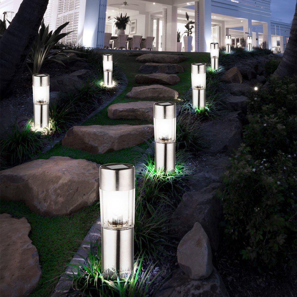 etc-shop LED Gartenleuchte, Edelstahl LED verbaut, Warmweiß, Steck Außen LED-Leuchtmittel fest Leuchten Solar 8x Beleuchtung Erdspieß