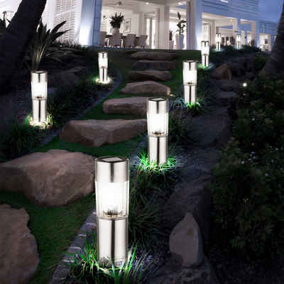 etc-shop LED Gartenleuchte, LED-Leuchtmittel fest verbaut, Warmweiß, 8x LED Edelstahl Solar Steck Leuchten Erdspieß Außen Beleuchtung
