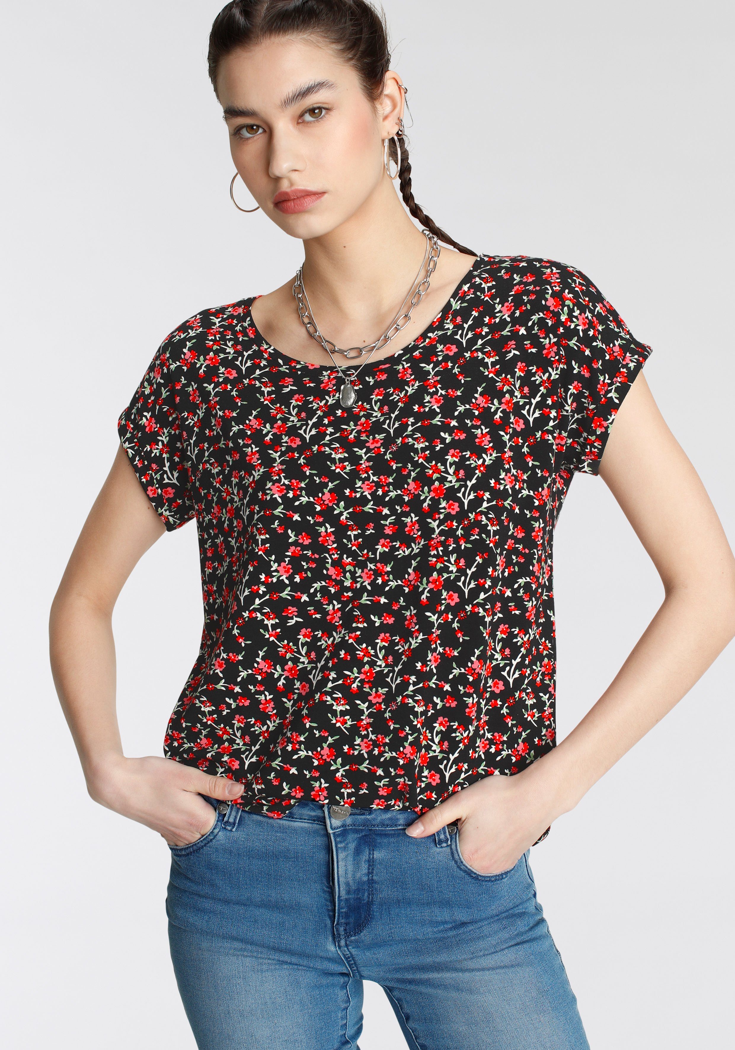 schwarz-rot Tamaris mit T-Shirt Rundhalsausschnitt